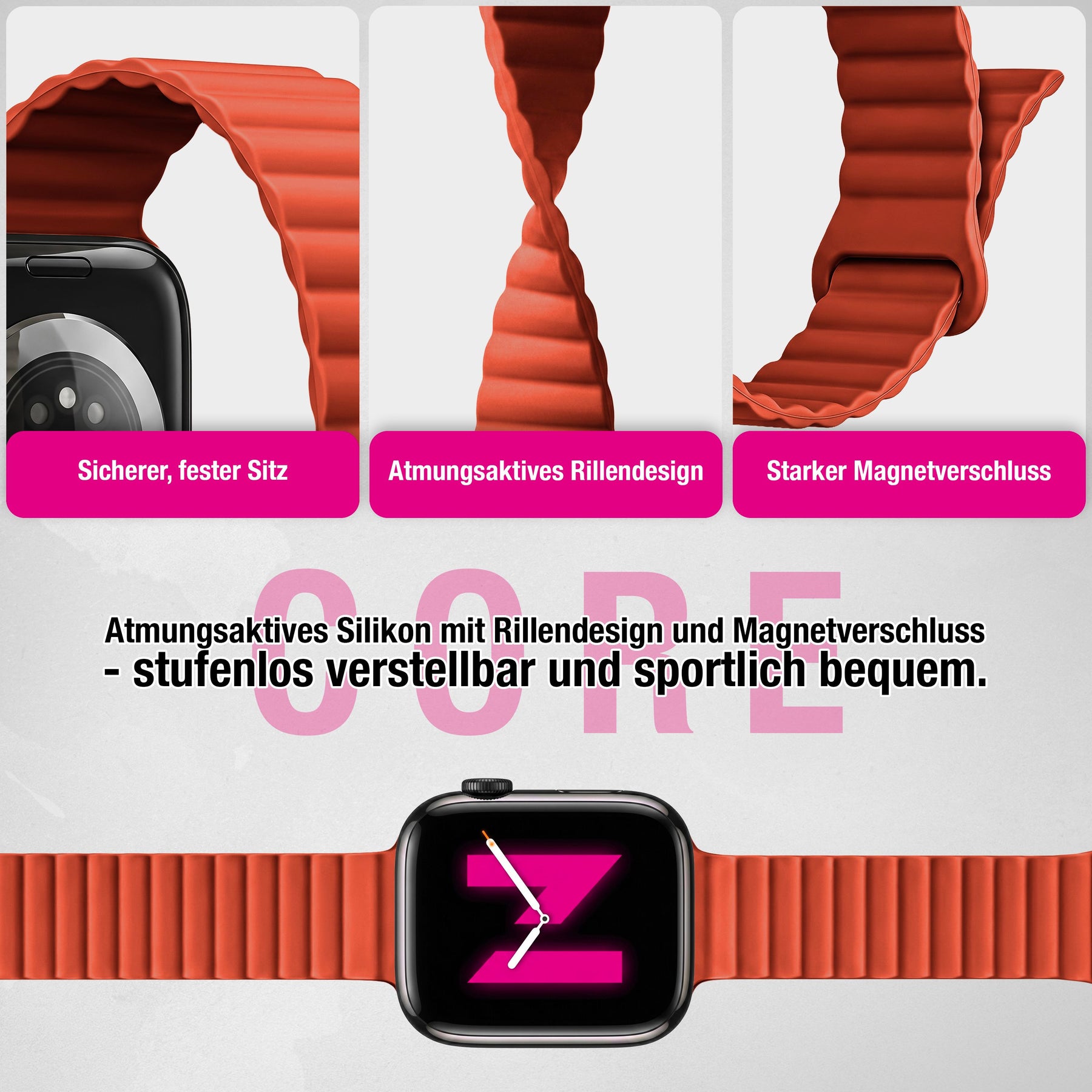 NALIA Core Magnet Armband kompatibel mit Apple Watch Series Ultra/SE/10/9/8/7/6/5/4/3/2/1 – 42/44/45/46/49mm, Atmungsaktives Silikon Loop, Sportarmband mit Rillendesign Leuchtorange NALIA Silikon Armband