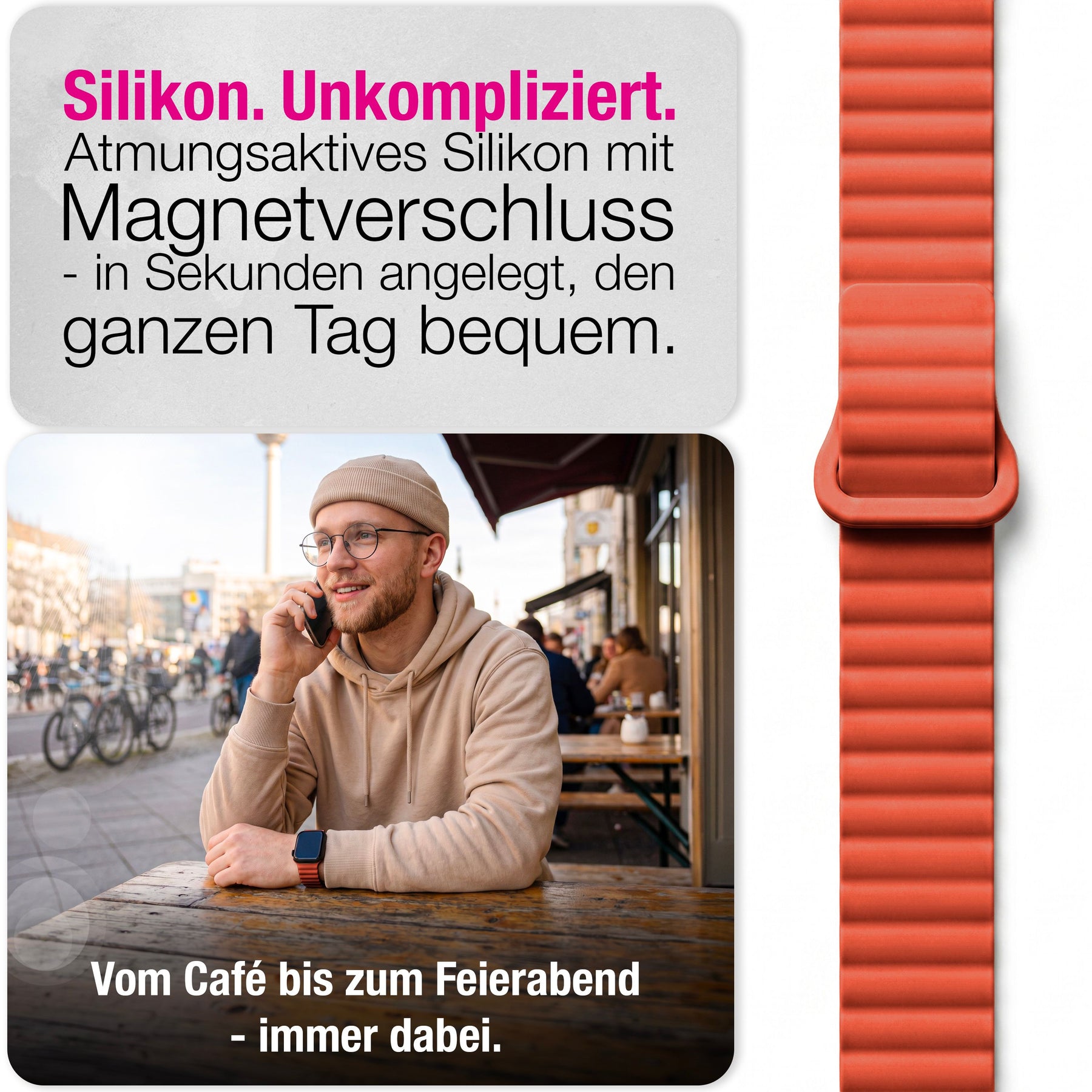 NALIA Core Magnet Armband kompatibel mit Apple Watch Series Ultra/SE/10/9/8/7/6/5/4/3/2/1 – 42/44/45/46/49mm, Atmungsaktives Silikon Loop, Sportarmband mit Rillendesign Leuchtorange NALIA Silikon Armband
