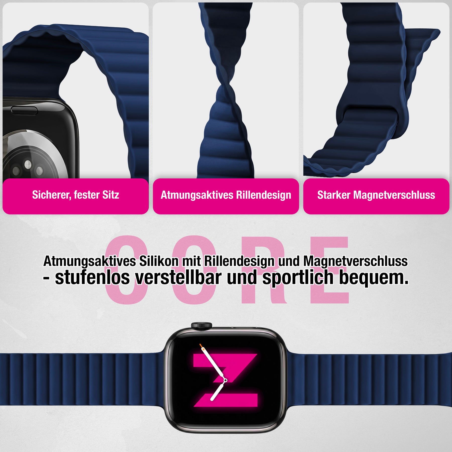 NALIA Core Magnet Armband kompatibel mit Apple Watch Series Ultra/SE/10/9/8/7/6/5/4/3/2/1 – 42/44/45/46/49mm, Atmungsaktives Silikon Loop, Sportarmband mit Rillendesign Marineblau NALIA Silikon Armband