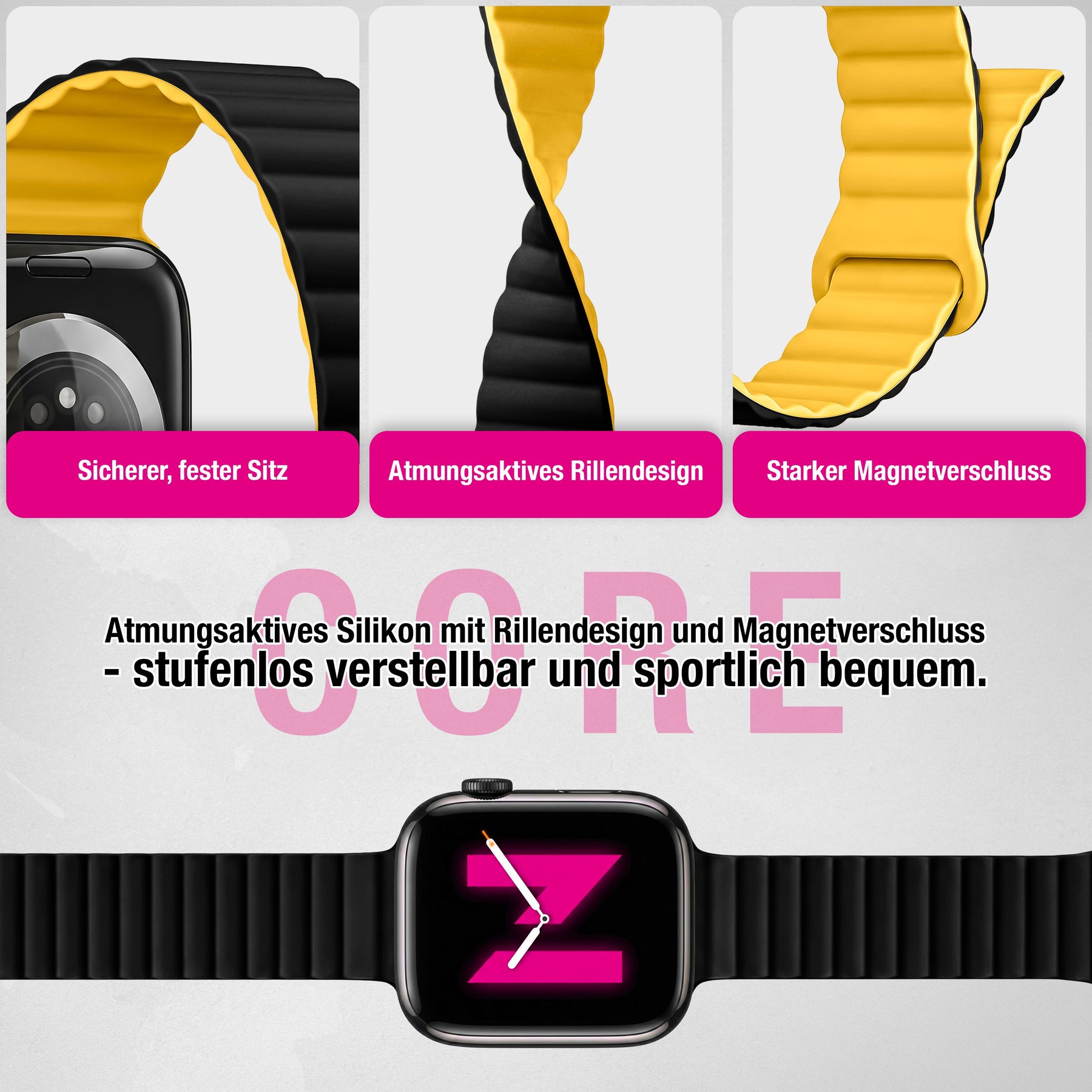 NALIA Core Magnet Armband kompatibel mit Apple Watch Series Ultra/SE/10/9/8/7/6/5/4/3/2/1 – 42/44/45/46/49mm, Atmungsaktives Silikon Loop, Sportarmband mit Rillendesign Nachtschwarz Gelb NALIA Silikon Armband
