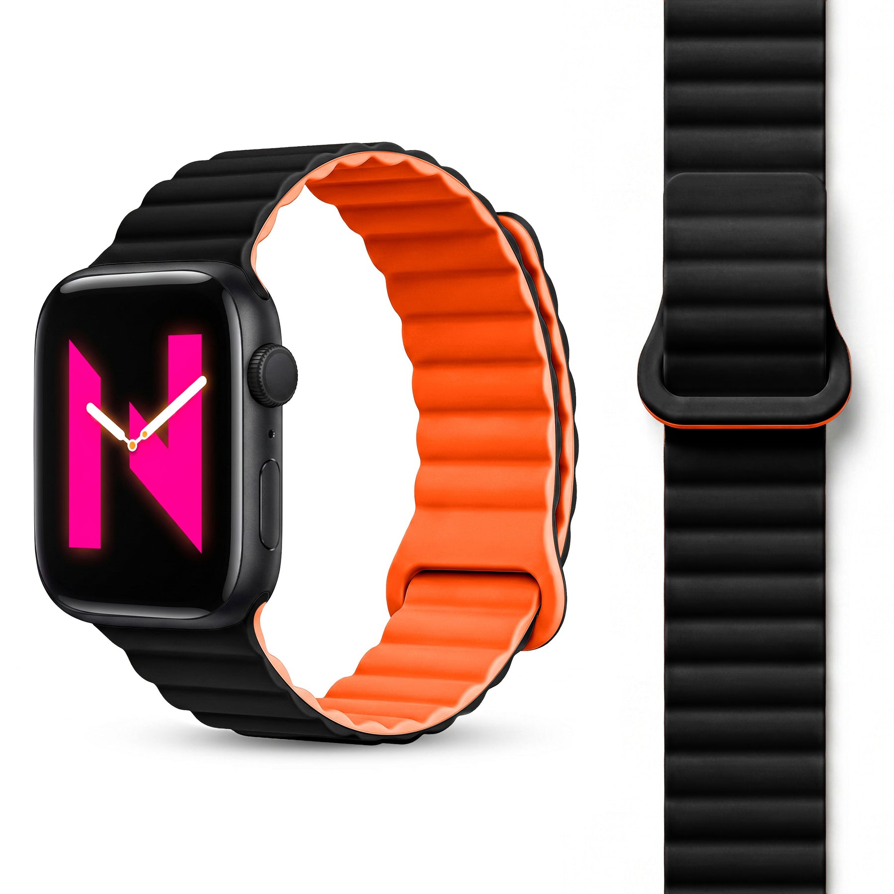 NALIA Core Magnet Armband kompatibel mit Apple Watch Series Ultra/SE/10/9/8/7/6/5/4/3/2/1 – 42/44/45/46/49mm, Atmungsaktives Silikon Loop, Sportarmband mit Rillendesign Nachtschwarz Orange NALIA Silikon Armband