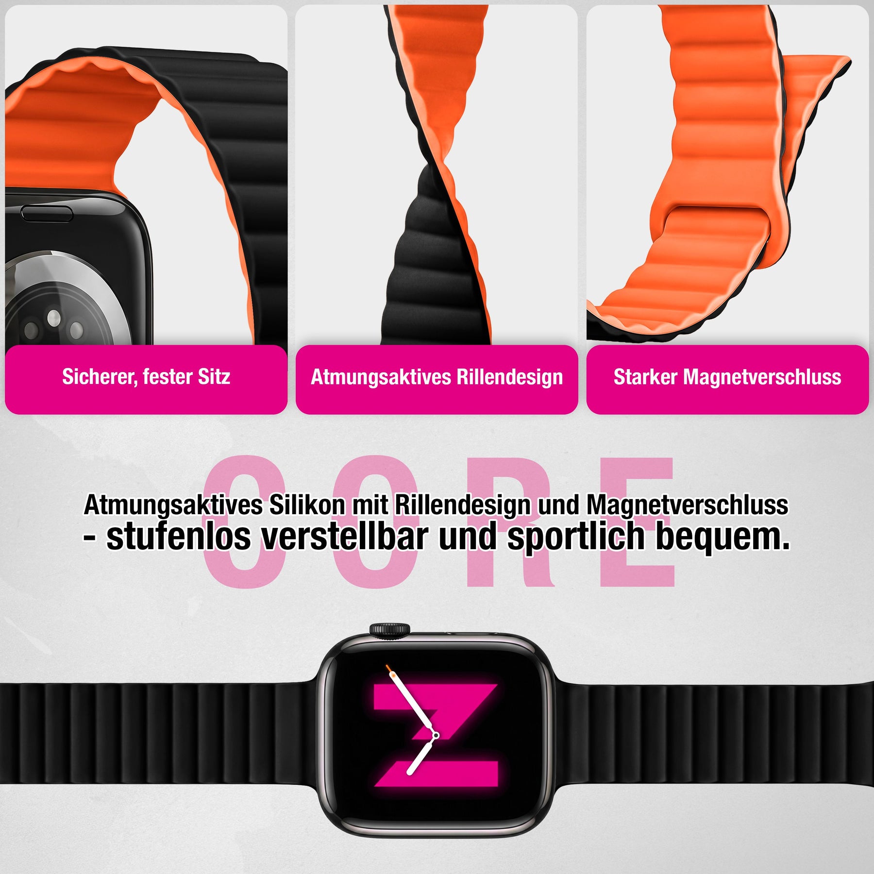 NALIA Core Magnet Armband kompatibel mit Apple Watch Series Ultra/SE/10/9/8/7/6/5/4/3/2/1 – 42/44/45/46/49mm, Atmungsaktives Silikon Loop, Sportarmband mit Rillendesign Nachtschwarz Orange NALIA Silikon Armband