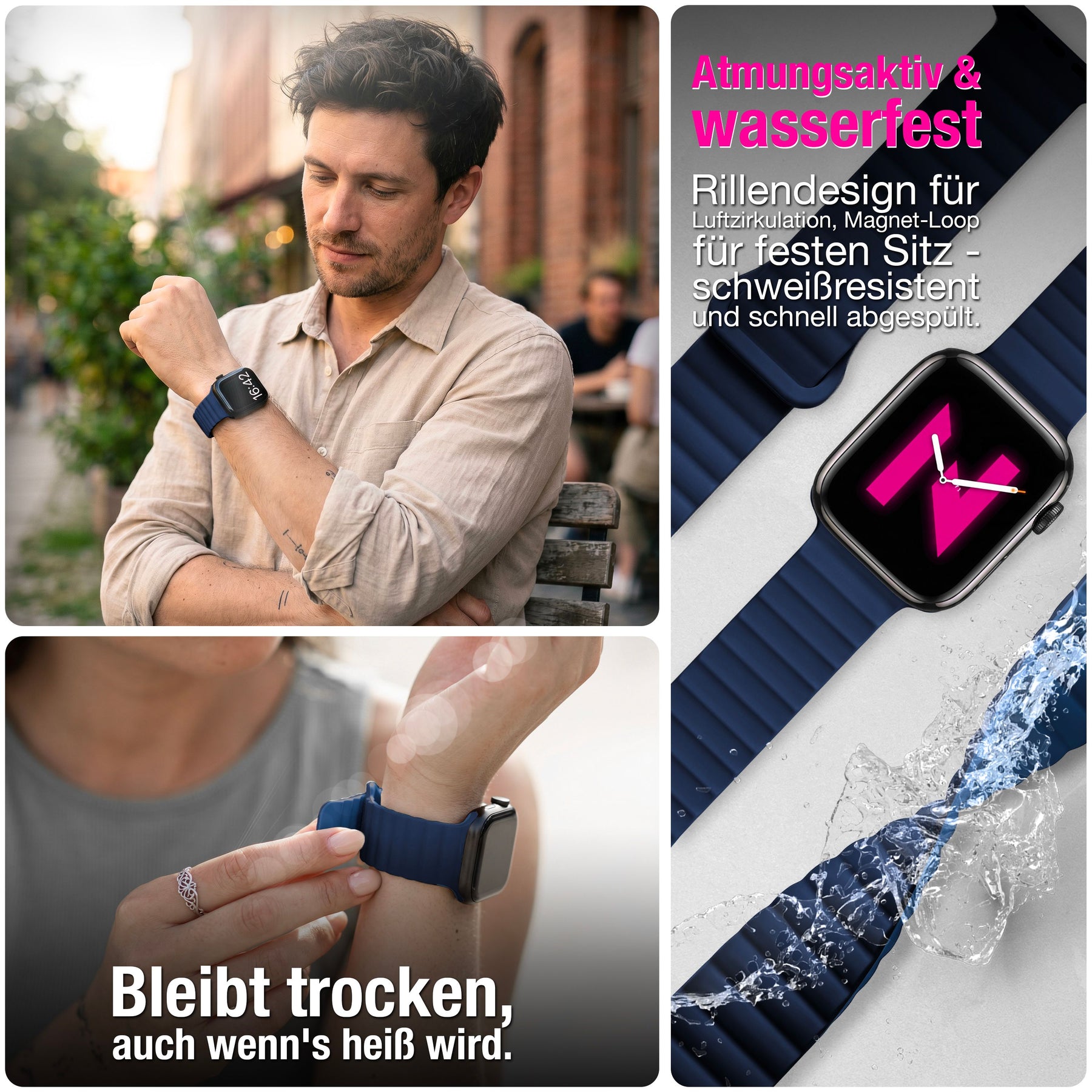 NALIA Core Magnet Armband kompatibel mit Apple Watch Series Ultra/SE/10/9/8/7/6/5/4/3/2/1 – 42/44/45/46/49mm, Atmungsaktives Silikon Loop, Sportarmband mit Rillendesign Ozeannacht NALIA Silikon Armband