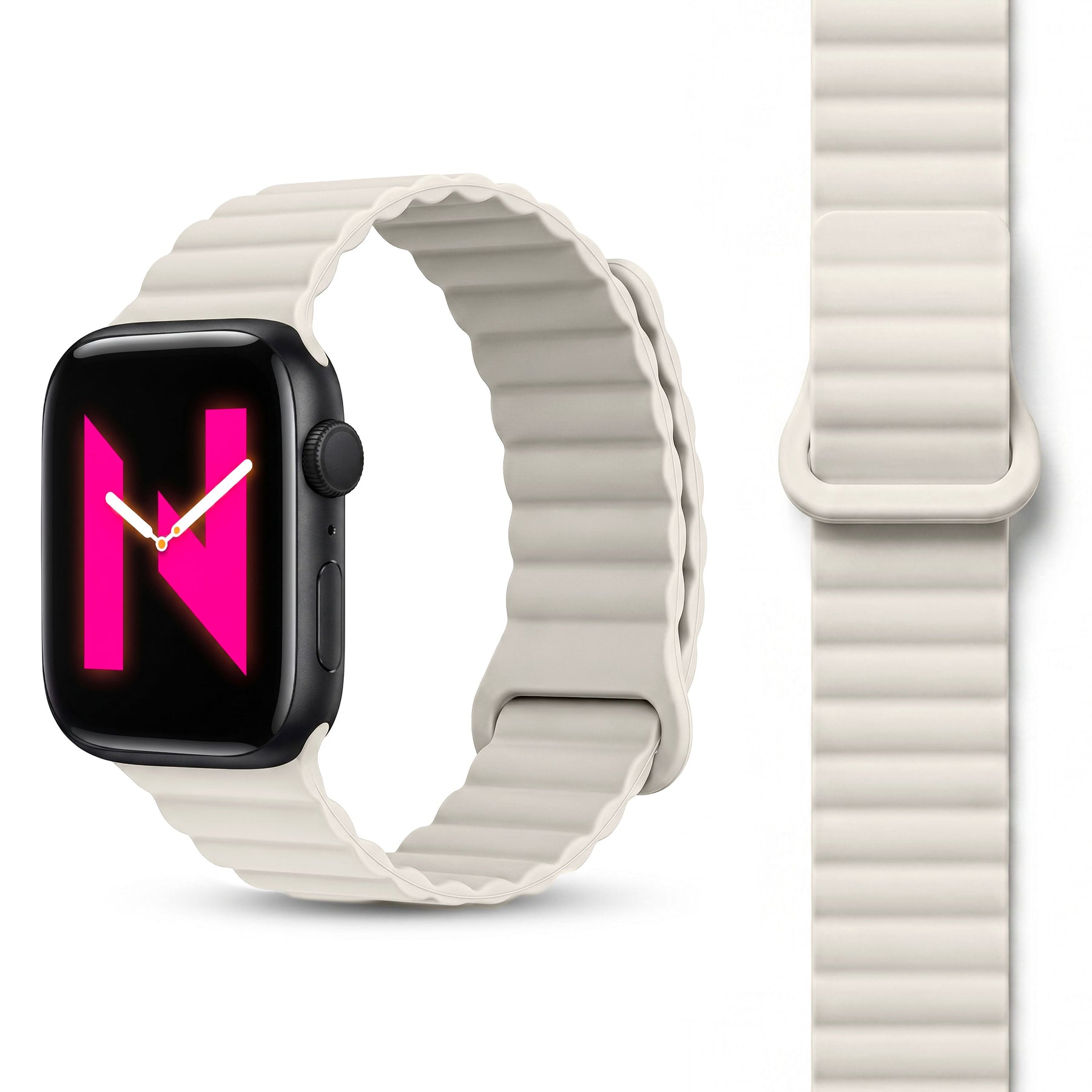 NALIA Core Magnet Armband kompatibel mit Apple Watch Series Ultra/SE/10/9/8/7/6/5/4/3/2/1 – 42/44/45/46/49mm, Atmungsaktives Silikon Loop, Sportarmband mit Rillendesign Polarstern Sandweiss NALIA Silikon Armband