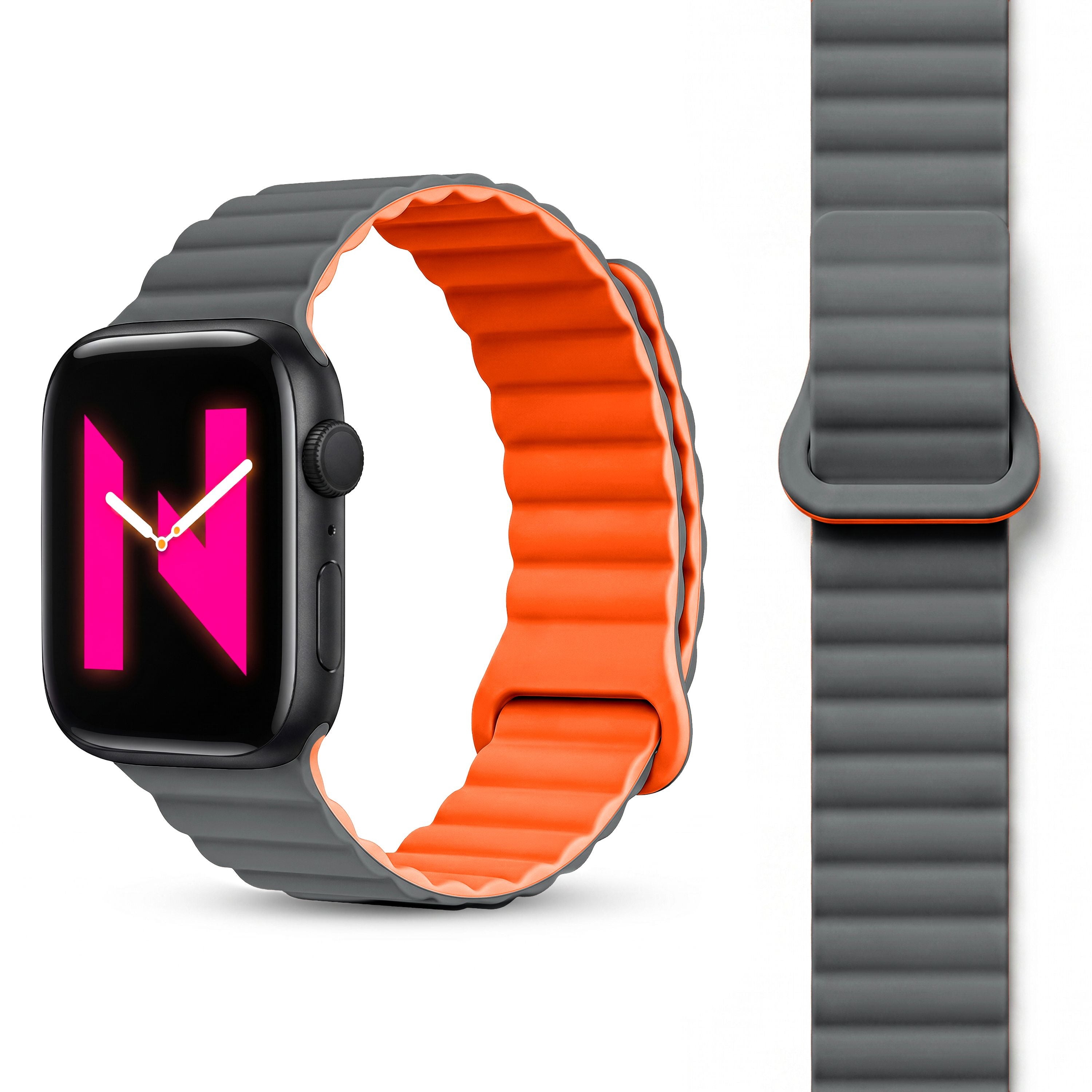NALIA Core Magnet Armband kompatibel mit Apple Watch Series Ultra/SE/10/9/8/7/6/5/4/3/2/1 – 42/44/45/46/49mm, Atmungsaktives Silikon Loop, Sportarmband mit Rillendesign Vulkangrau NALIA Silikon Armband