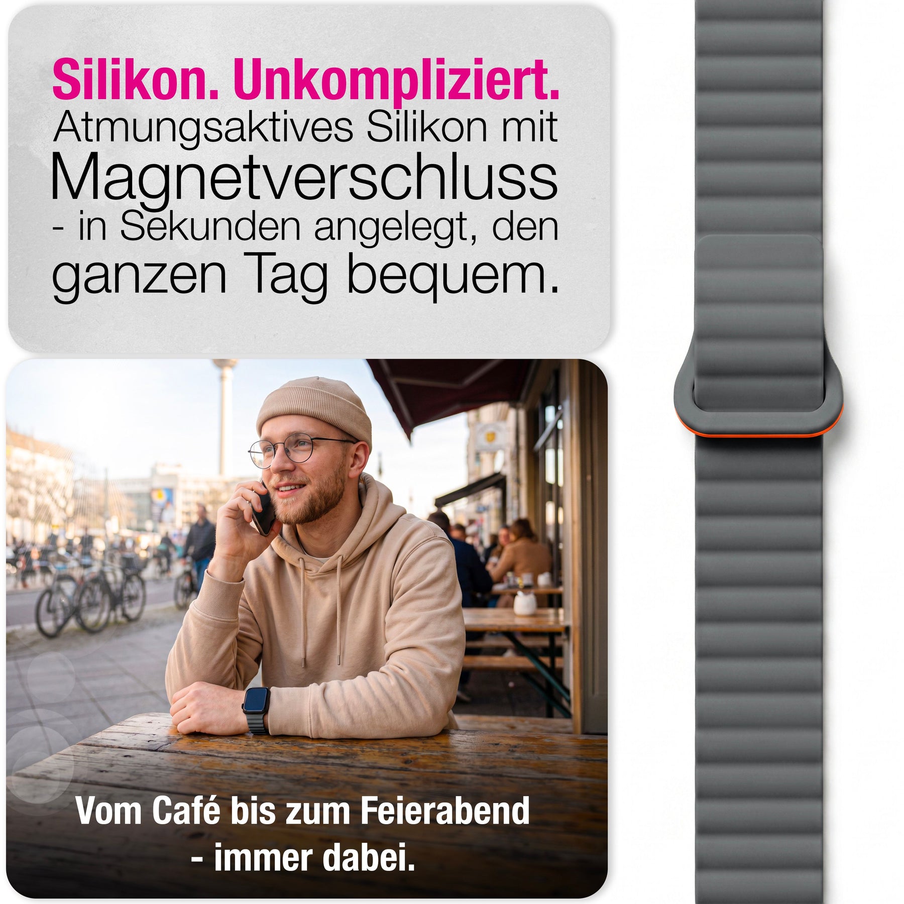 NALIA Core Magnet Armband kompatibel mit Apple Watch Series Ultra/SE/10/9/8/7/6/5/4/3/2/1 – 42/44/45/46/49mm, Atmungsaktives Silikon Loop, Sportarmband mit Rillendesign Vulkangrau NALIA Silikon Armband