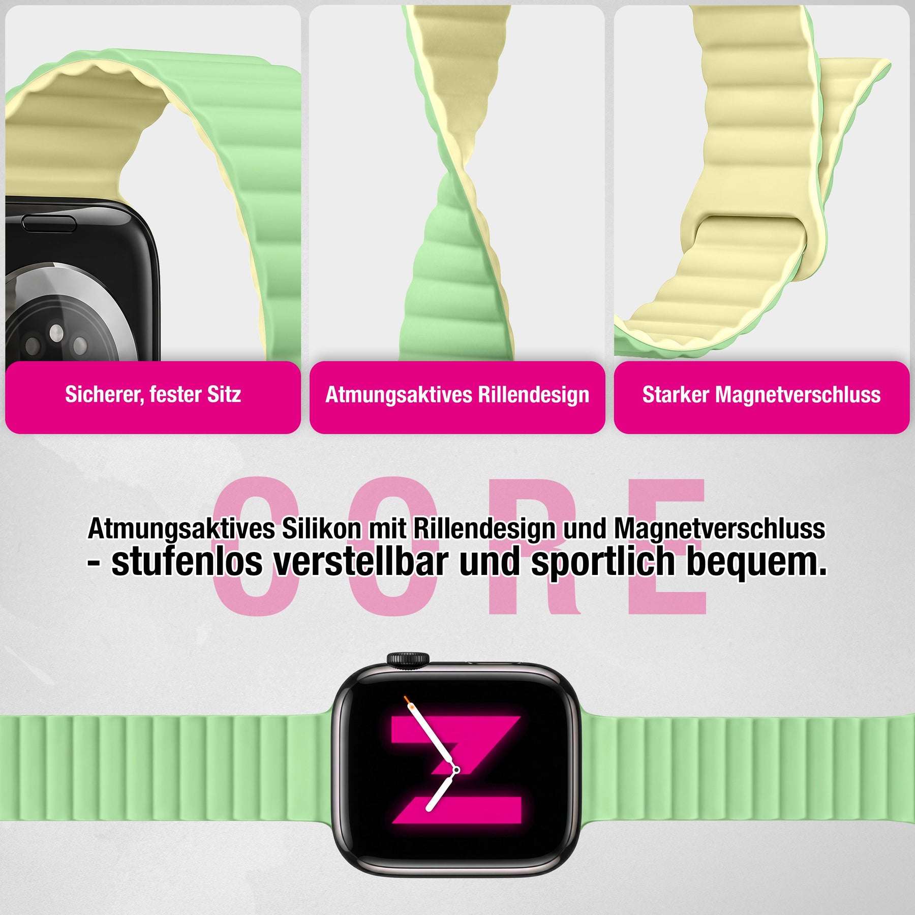 NALIA Core Magnet Armband kompatibel mit Apple Watch Series Ultra/SE/10/9/8/7/6/5/4/3/2/1 – 42/44/45/46/49mm, Atmungsaktives Silikon Loop, Sportarmband mit Rillendesign Zitronenwald NALIA Silikon Armband