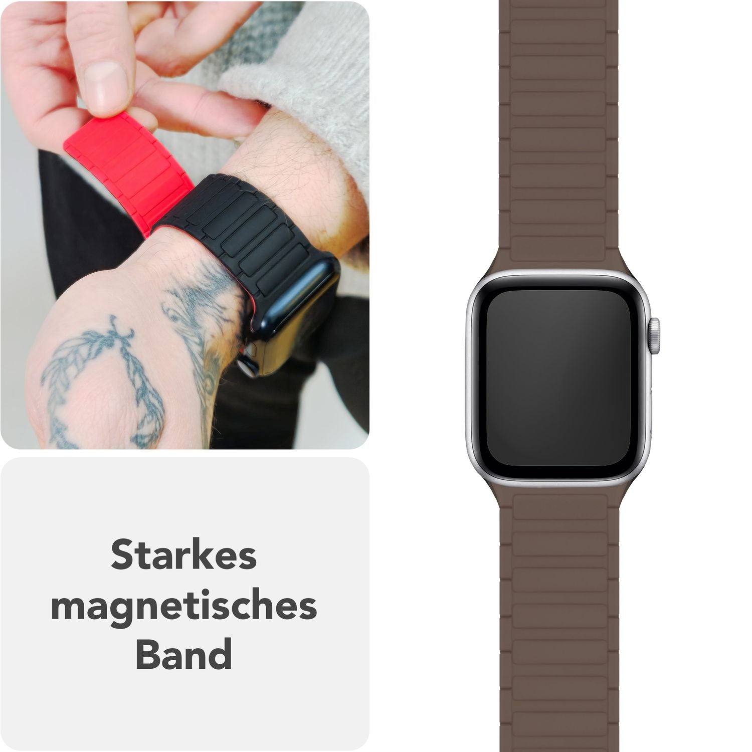 NALIA Nexus Armband für Apple Watch SE/10/9/8/7/6/5/4/3/2/1, Gehäusegröße 38/40/41/42mm, Magnetisches Silikon Loop Sportarmband mit Wellenstruktur Mokkabraun NALIA Silikon Armband