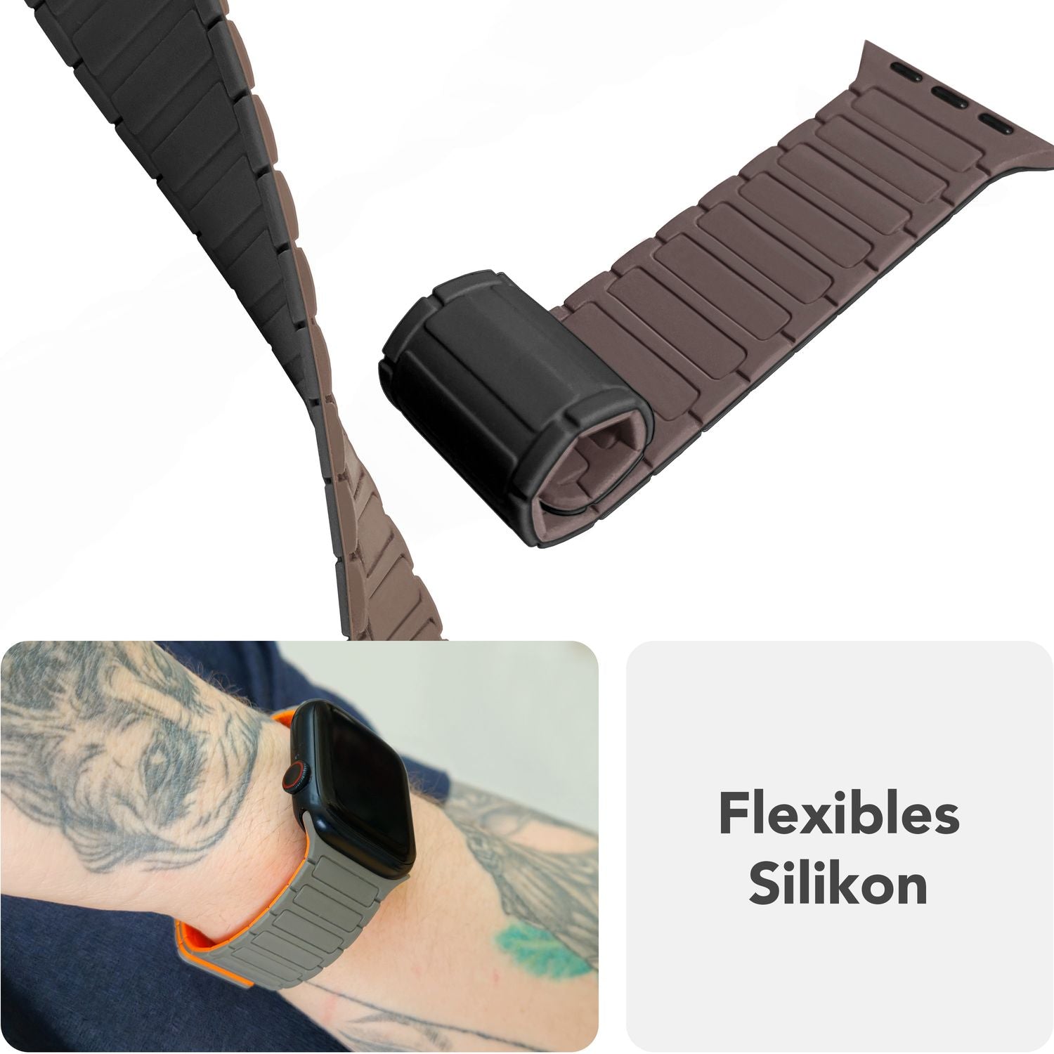 NALIA Nexus Armband für Apple Watch SE/10/9/8/7/6/5/4/3/2/1, Gehäusegröße 38/40/41/42mm, Magnetisches Silikon Loop Sportarmband mit Wellenstruktur Mokkabraun NALIA Silikon Armband