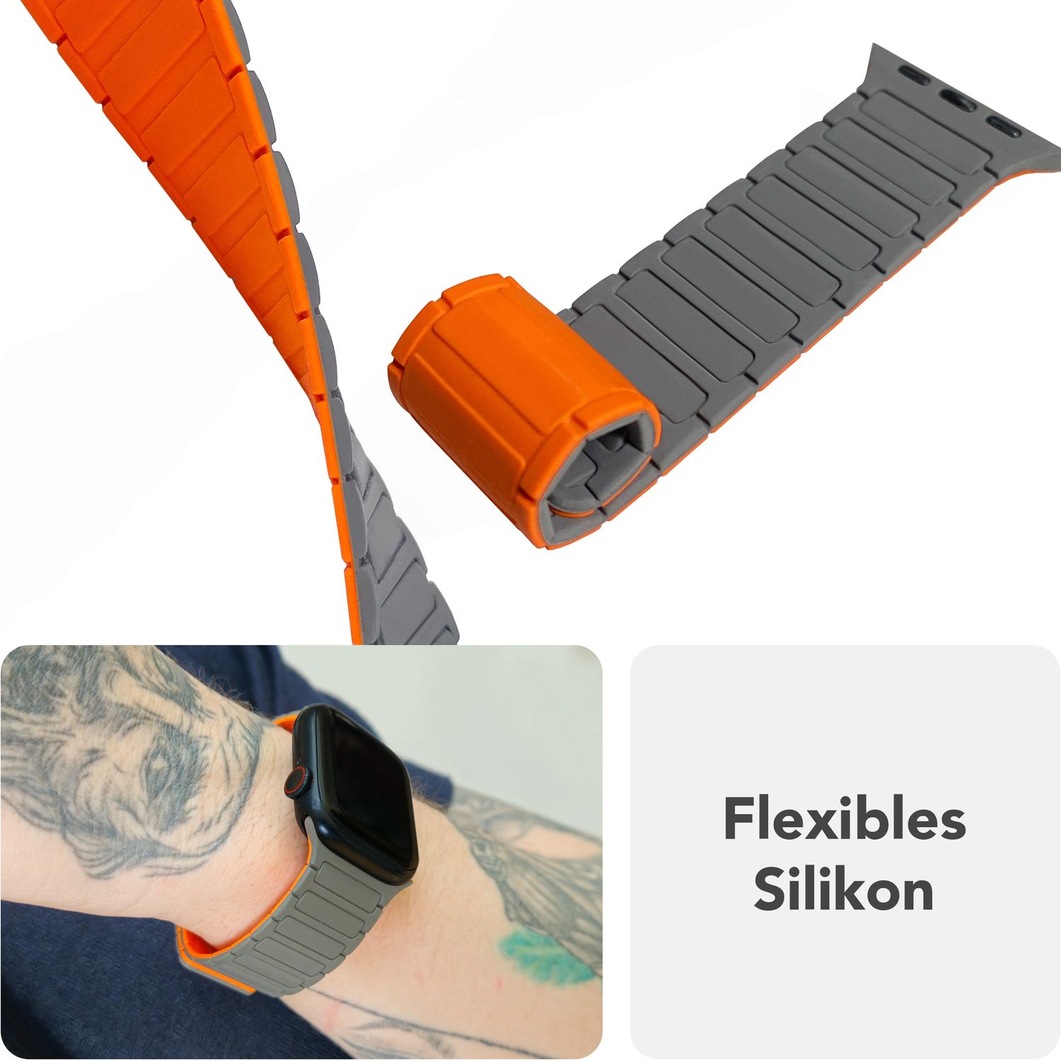 NALIA Nexus Armband für Apple Watch SE/10/9/8/7/6/5/4/3/2/1, Gehäusegröße 38/40/41/42mm, Magnetisches Silikon Loop Sportarmband mit Wellenstruktur Sandgrau Orange NALIA Silikon Armband