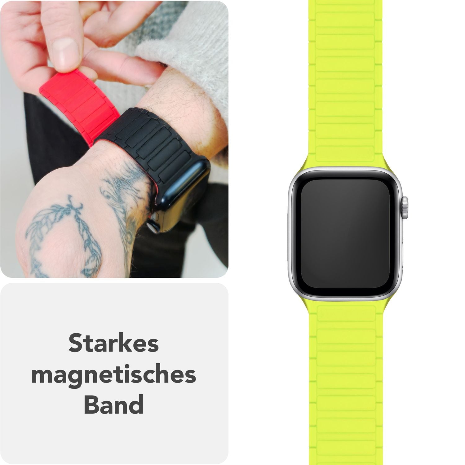 NALIA Nexus Armband für Apple Watch SE/10/9/8/7/6/5/4/3/2/1, Gehäusegröße 38/40/41/42mm, Magnetisches Silikon Loop Sportarmband mit Wellenstruktur Neongelb NALIA Silikon Armband