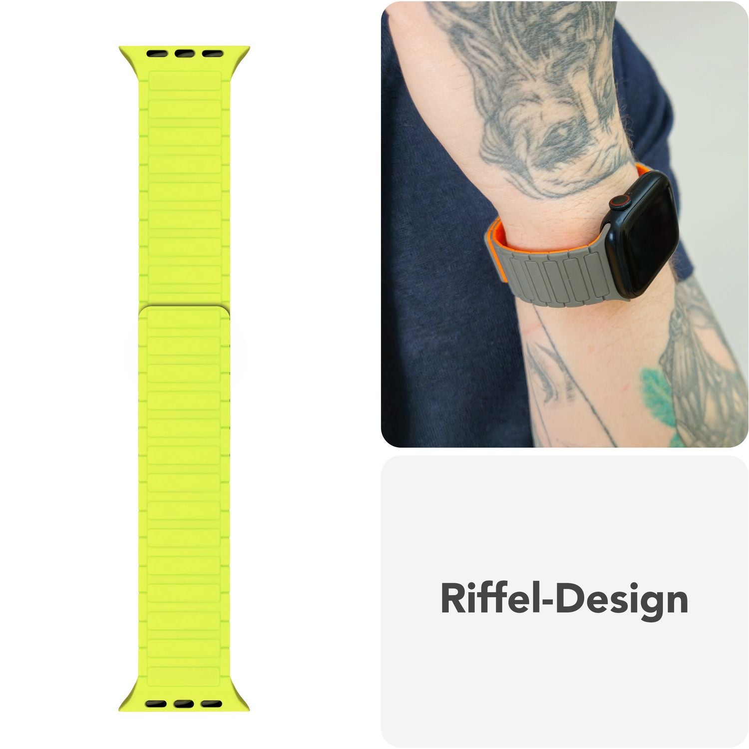 NALIA Nexus Armband für Apple Watch SE/10/9/8/7/6/5/4/3/2/1, Gehäusegröße 38/40/41/42mm, Magnetisches Silikon Loop Sportarmband mit Wellenstruktur Neongelb NALIA Silikon Armband