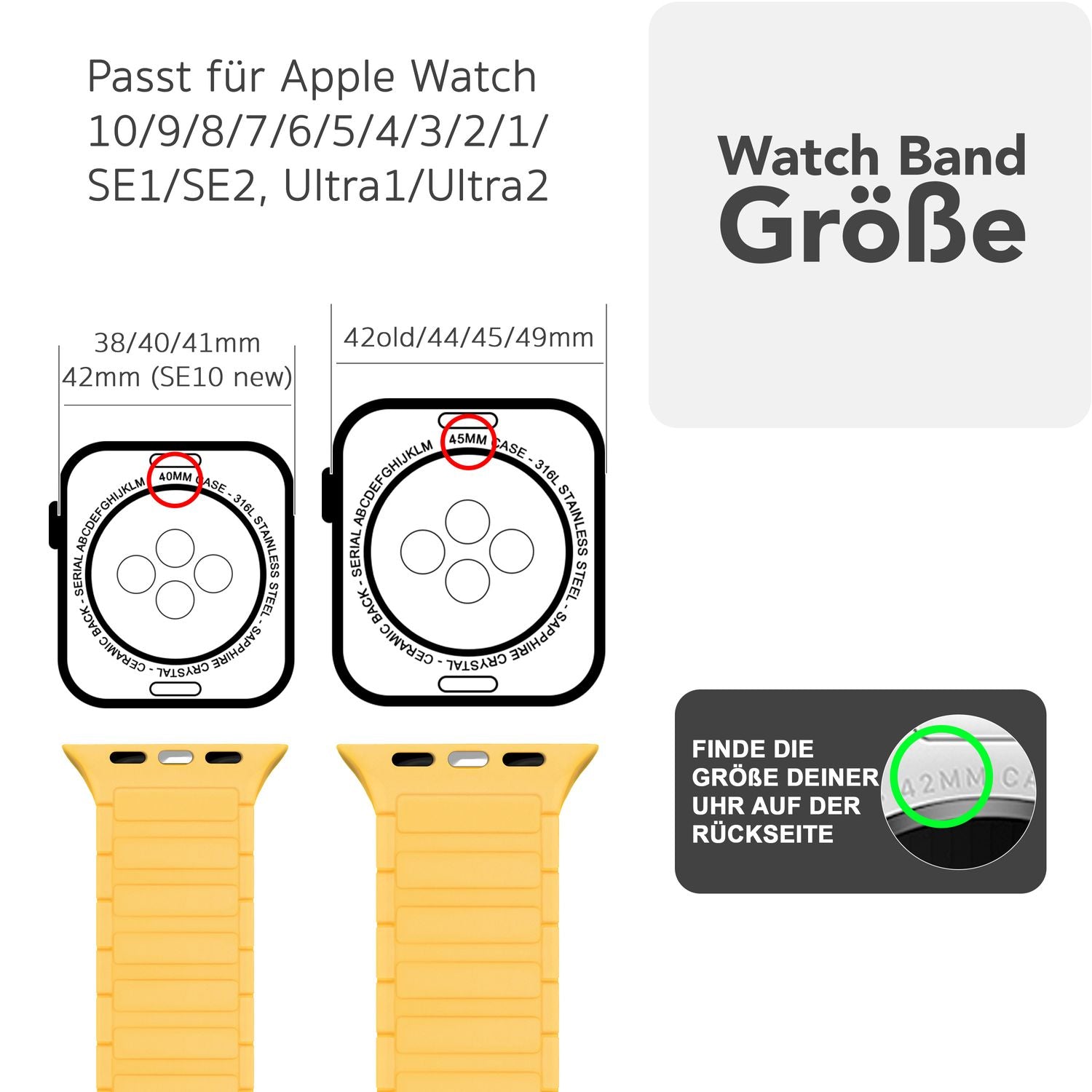 NALIA Nexus Armband für Apple Watch SE/10/9/8/7/6/5/4/3/2/1, Gehäusegröße 38/40/41/42mm, Magnetisches Silikon Loop Sportarmband mit Wellenstruktur Sonnengelb NALIA Silikon Armband