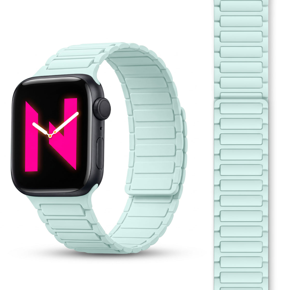 NALIA Nexus Magnet Armband kompatibel mit Apple Watch Armband Series SE/iWatch 10 9 8 7 6 5 4 3 2 1, 38/40/41/42mm, Silikon Loop mit Rillendesign, Sportarmband Magnetisch Eisminze NALIA Silikon Armband