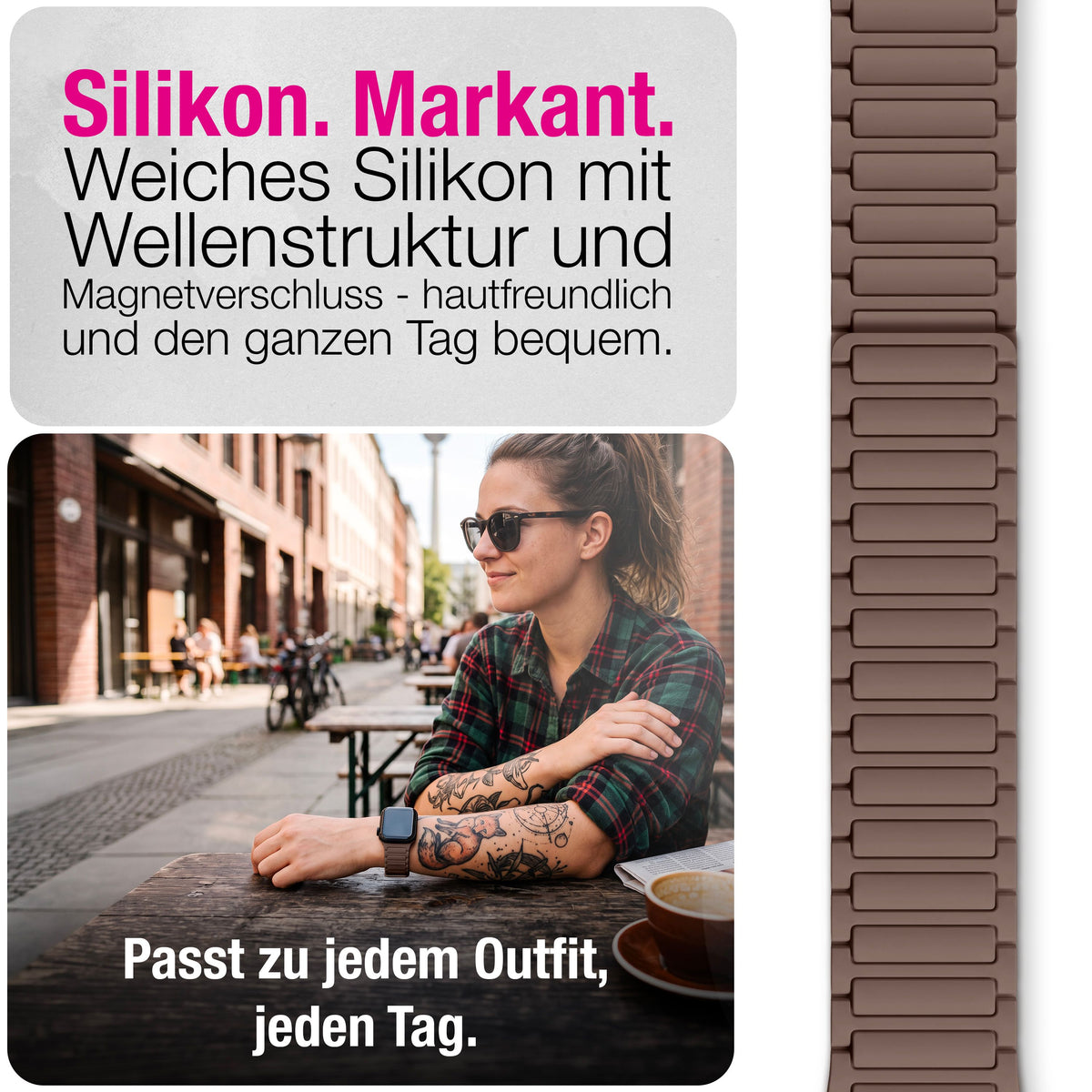 NALIA Nexus Magnet Armband kompatibel mit Apple Watch Armband Series SE/iWatch 10 9 8 7 6 5 4 3 2 1, 38/40/41/42mm, Silikon Loop mit Rillendesign, Sportarmband Magnetisch Mokkabraun NALIA Silikon Armband