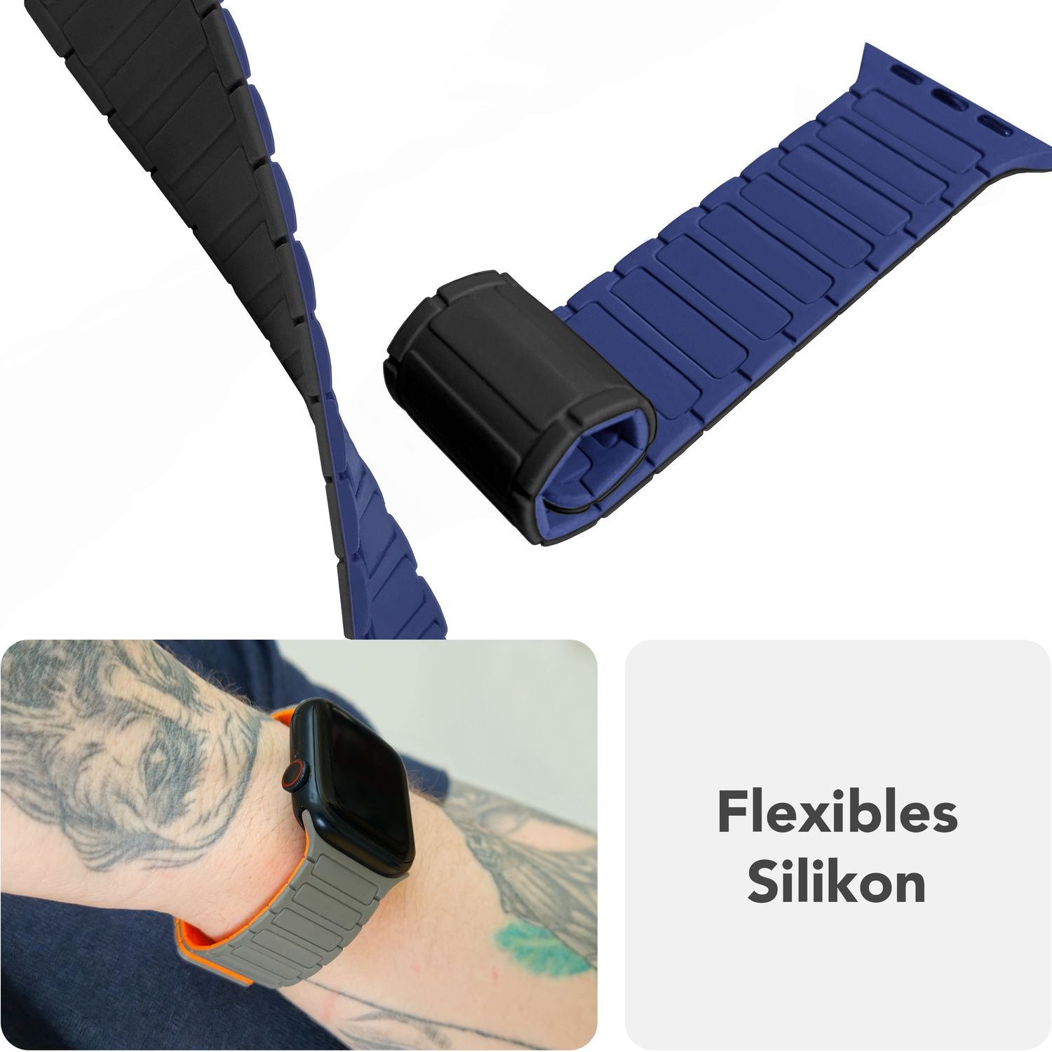 NALIA Nexus Armband für Apple Watch Ultra/SE/10/9/8/7/6/5/4/3/2/1, Gehäusegröße 42/44/45/46/49mm, Magnetisches Silikon Loop Sportarmband mit Wellenstruktur Marineblau NALIA Silikon Armband