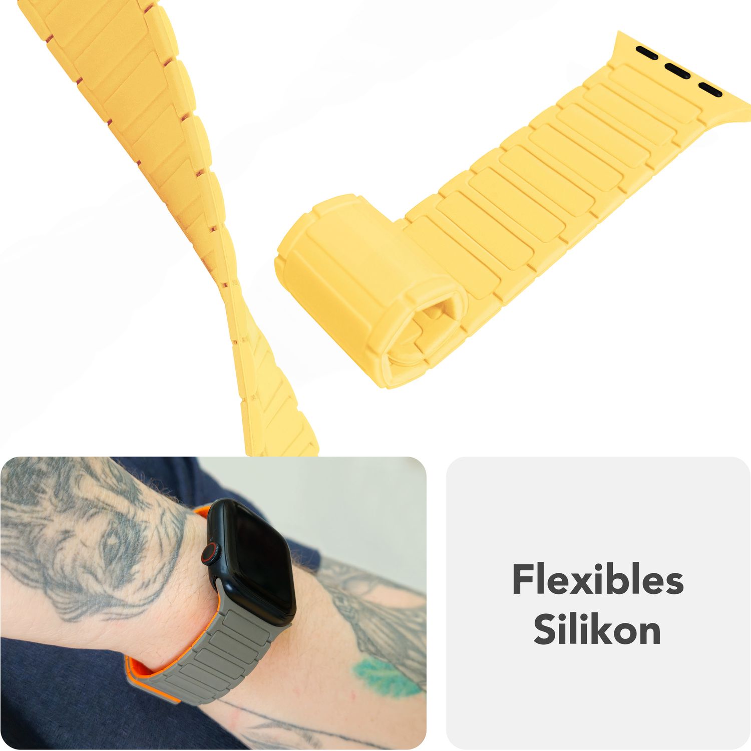 NALIA Nexus Armband für Apple Watch Ultra/SE/10/9/8/7/6/5/4/3/2/1, Gehäusegröße 42/44/45/46/49mm, Magnetisches Silikon Loop Sportarmband mit Wellenstruktur Sonnengelb NALIA Silikon Armband