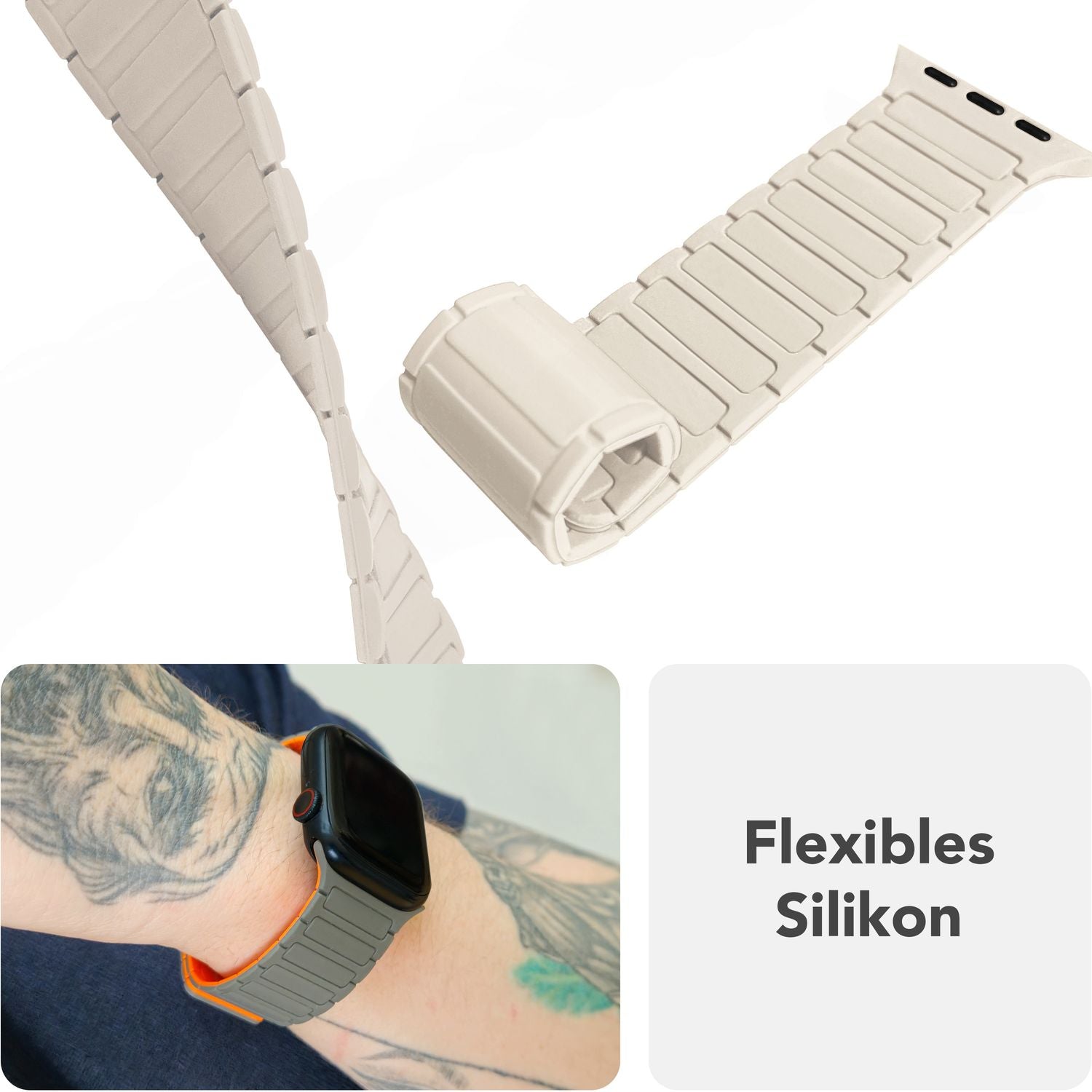 NALIA Nexus Armband für Apple Watch Ultra/SE/10/9/8/7/6/5/4/3/2/1, Gehäusegröße 42/44/45/46/49mm, Magnetisches Silikon Loop Sportarmband mit Wellenstruktur Polarstern Sandweiss NALIA Silikon Armband