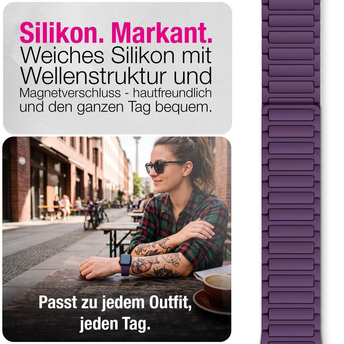 NALIA Nexus Magnet Armband kompatibel mit Apple Watch Armband Series Ultra/SE 10 9 8 7 6 5 4 3 2 1, 42/44/45/46/49mm, Silikon Loop mit Rillendesign, Sportarmband Beerenviolett NALIA Silikon Armband