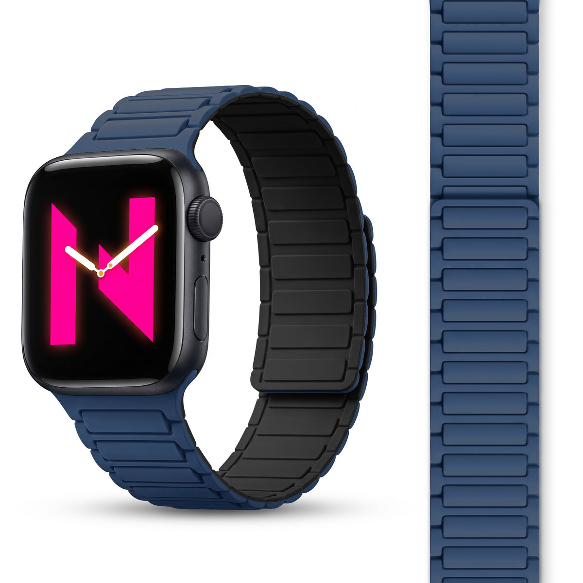 NALIA Nexus Magnet Armband kompatibel mit Apple Watch Armband Series Ultra/SE 10 9 8 7 6 5 4 3 2 1, 42/44/45/46/49mm, Silikon Loop mit Rillendesign, Sportarmband Marineblau NALIA Silikon Armband