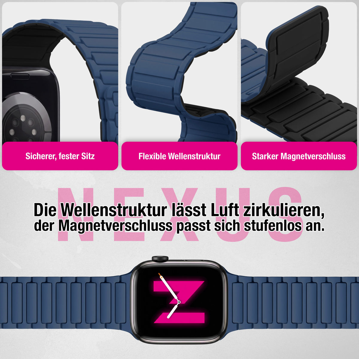 NALIA Nexus Magnet Armband kompatibel mit Apple Watch Armband Series Ultra/SE 10 9 8 7 6 5 4 3 2 1, 42/44/45/46/49mm, Silikon Loop mit Rillendesign, Sportarmband Marineblau NALIA Silikon Armband
