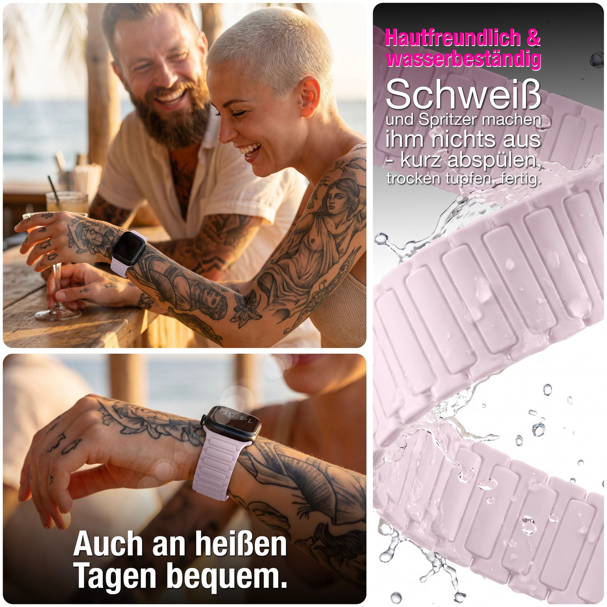 NALIA Nexus Magnet Armband kompatibel mit Apple Watch Armband Series Ultra/SE 10 9 8 7 6 5 4 3 2 1, 42/44/45/46/49mm, Silikon Loop mit Rillendesign, Sportarmband Zartrosa NALIA Silikon Armband