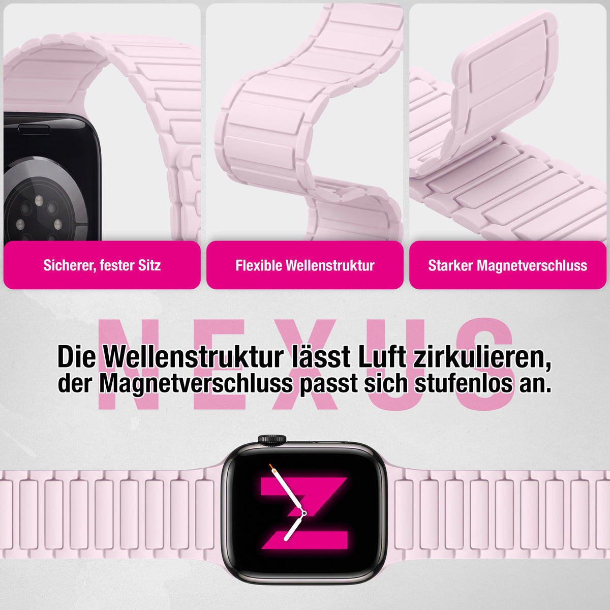 NALIA Nexus Magnet Armband kompatibel mit Apple Watch Armband Series Ultra/SE 10 9 8 7 6 5 4 3 2 1, 42/44/45/46/49mm, Silikon Loop mit Rillendesign, Sportarmband Zartrosa NALIA Silikon Armband