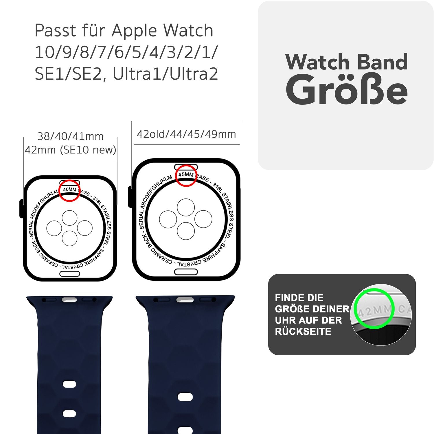 NALIA Hexion Armband für Apple Watch Series SE/10/9/8/7/6/5/4/3/2/1, Gehäusegröße 38/40/41/42mm, Silikon Loop Sportarmband mit Steck-Pin & im Hexagon Design Marineblau NALIA Silikon Armband