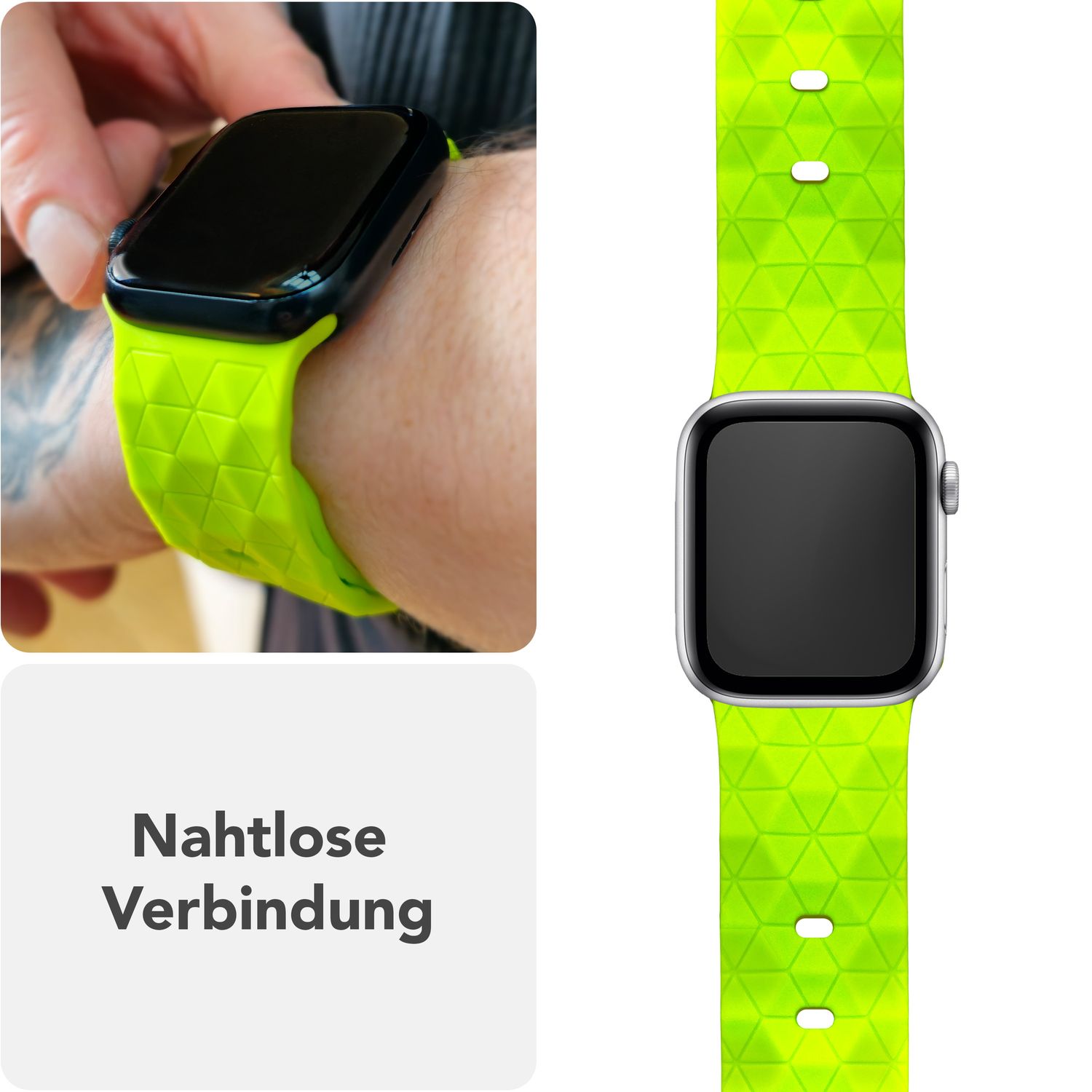 NALIA Hexion Armband für Apple Watch Series SE/10/9/8/7/6/5/4/3/2/1, Gehäusegröße 38/40/41/42mm, Silikon Loop Sportarmband mit Steck-Pin & im Hexagon Design Neon Gelb NALIA Silikon Armband