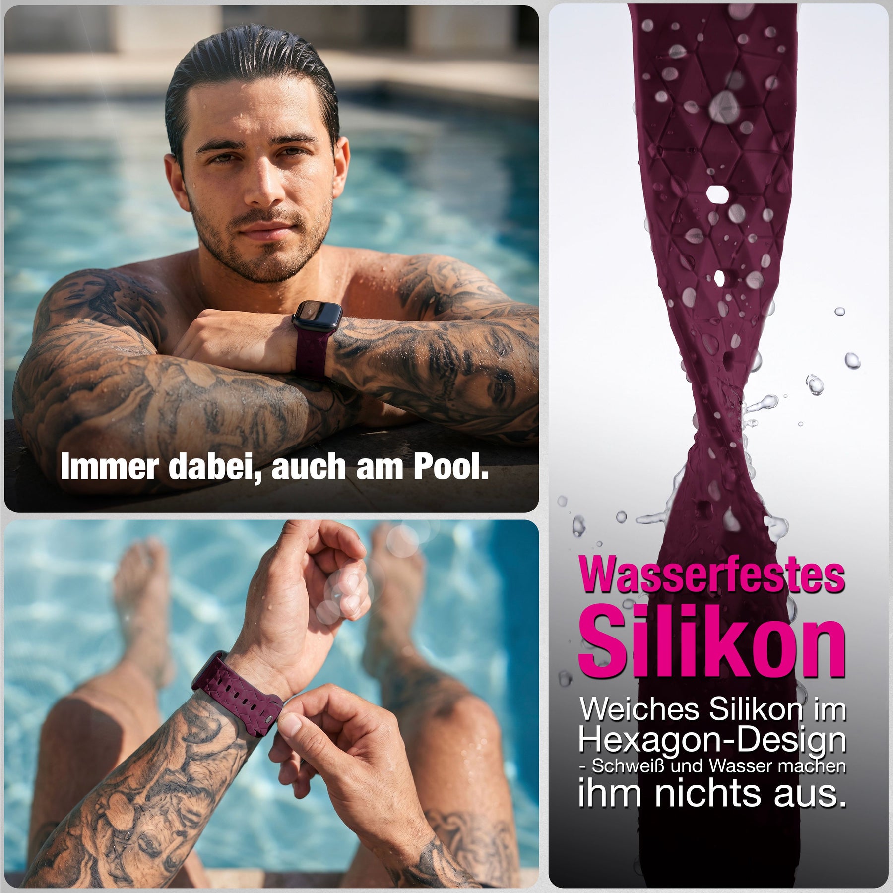 NALIA Hexion Armband kompatibel mit Apple Watch Armband Series SE/iWatch 10 9 8 7 6 5 4 3 2 1, 38/40/41/42mm, Silikon Loop mit Hexagon Design, Sportarmband Steck-Pin-Verschluss Bordeauxrot NALIA Silikon Armband