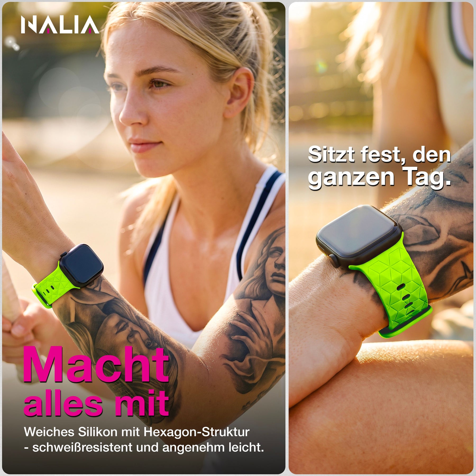 NALIA Hexion Armband kompatibel mit Apple Watch Armband Series SE/iWatch 10 9 8 7 6 5 4 3 2 1, 38/40/41/42mm, Silikon Loop mit Hexagon Design, Sportarmband Steck-Pin-Verschluss Neon Gelb NALIA Silikon Armband