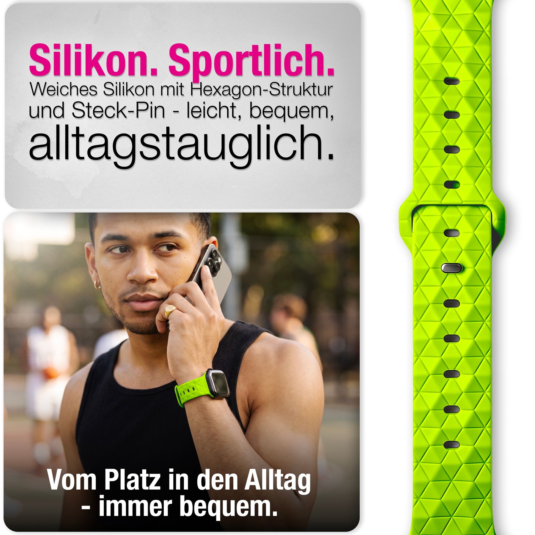 NALIA Hexion Armband kompatibel mit Apple Watch Armband Series SE/iWatch 10 9 8 7 6 5 4 3 2 1, 38/40/41/42mm, Silikon Loop mit Hexagon Design, Sportarmband Steck-Pin-Verschluss Neon Gelb NALIA Silikon Armband