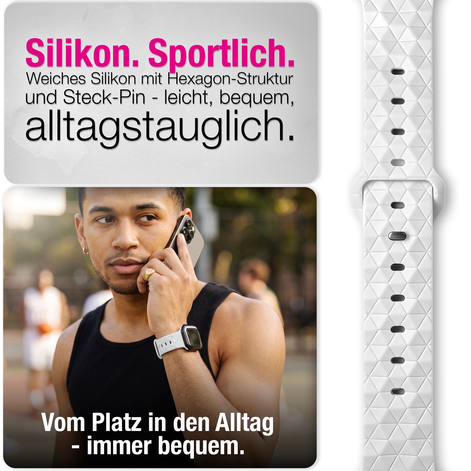 NALIA Hexion Armband kompatibel mit Apple Watch Armband Series SE/iWatch 10 9 8 7 6 5 4 3 2 1, 38/40/41/42mm, Silikon Loop mit Hexagon Design, Sportarmband Steck-Pin-Verschluss Polarweiß NALIA Silikon Armband