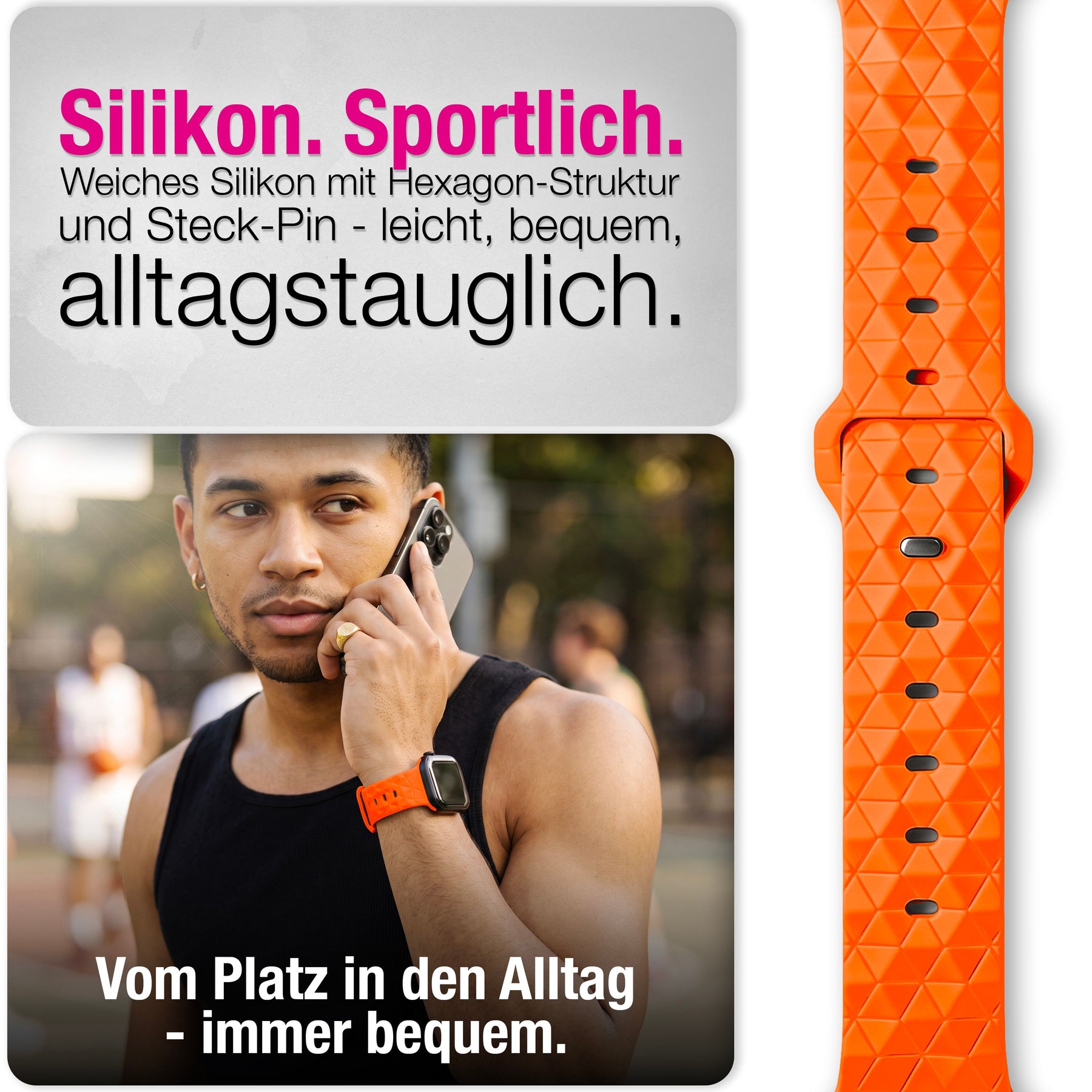 NALIA Hexion Armband kompatibel mit Apple Watch Armband Series SE/iWatch 10 9 8 7 6 5 4 3 2 1, 38/40/41/42mm, Silikon Loop mit Hexagon Design, Sportarmband Steck-Pin-Verschluss Sonnenorange NALIA Silikon Armband