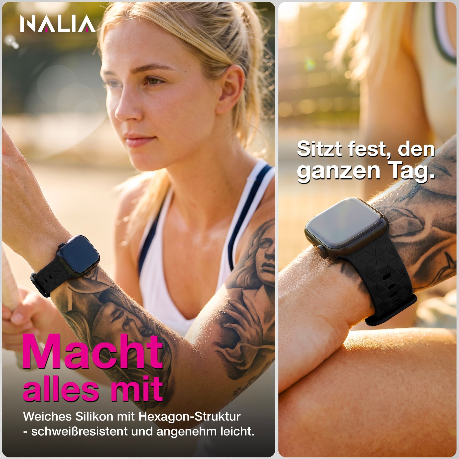 NALIA Hexion Armband kompatibel mit Apple Watch Armband Series SE/iWatch 10 9 8 7 6 5 4 3 2 1, 38/40/41/42mm, Silikon Loop mit Hexagon Design, Sportarmband Steck-Pin-Verschluss Tiefschwarz NALIA Silikon Armband