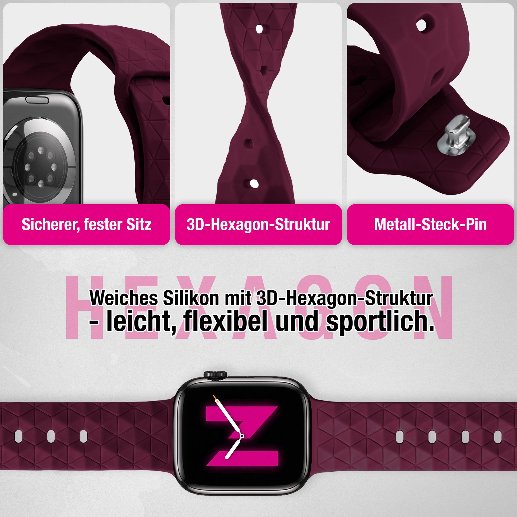 NALIA Hexion Silikon Armband kompatibel mit Apple Watch Armband iWatch Series Ultra/SE 10 9 8 7 6 5 4 3 2 1, 42/44/45/46/49mm, Watch Silikonband Sportarmband mit Steck-Pin Bordeauxrot NALIA Silikon Armband