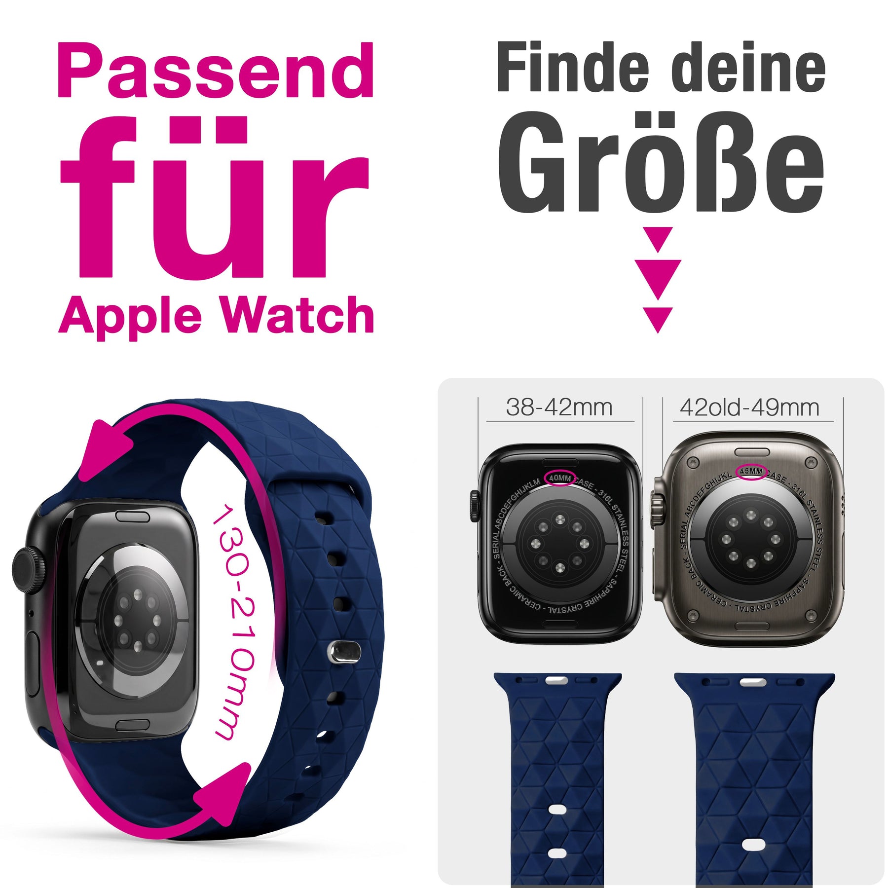 NALIA Hexion Silikon Armband kompatibel mit Apple Watch Armband iWatch Series Ultra/SE 10 9 8 7 6 5 4 3 2 1, 42/44/45/46/49mm, Watch Silikonband Sportarmband mit Steck-Pin Marineblau NALIA Silikon Armband