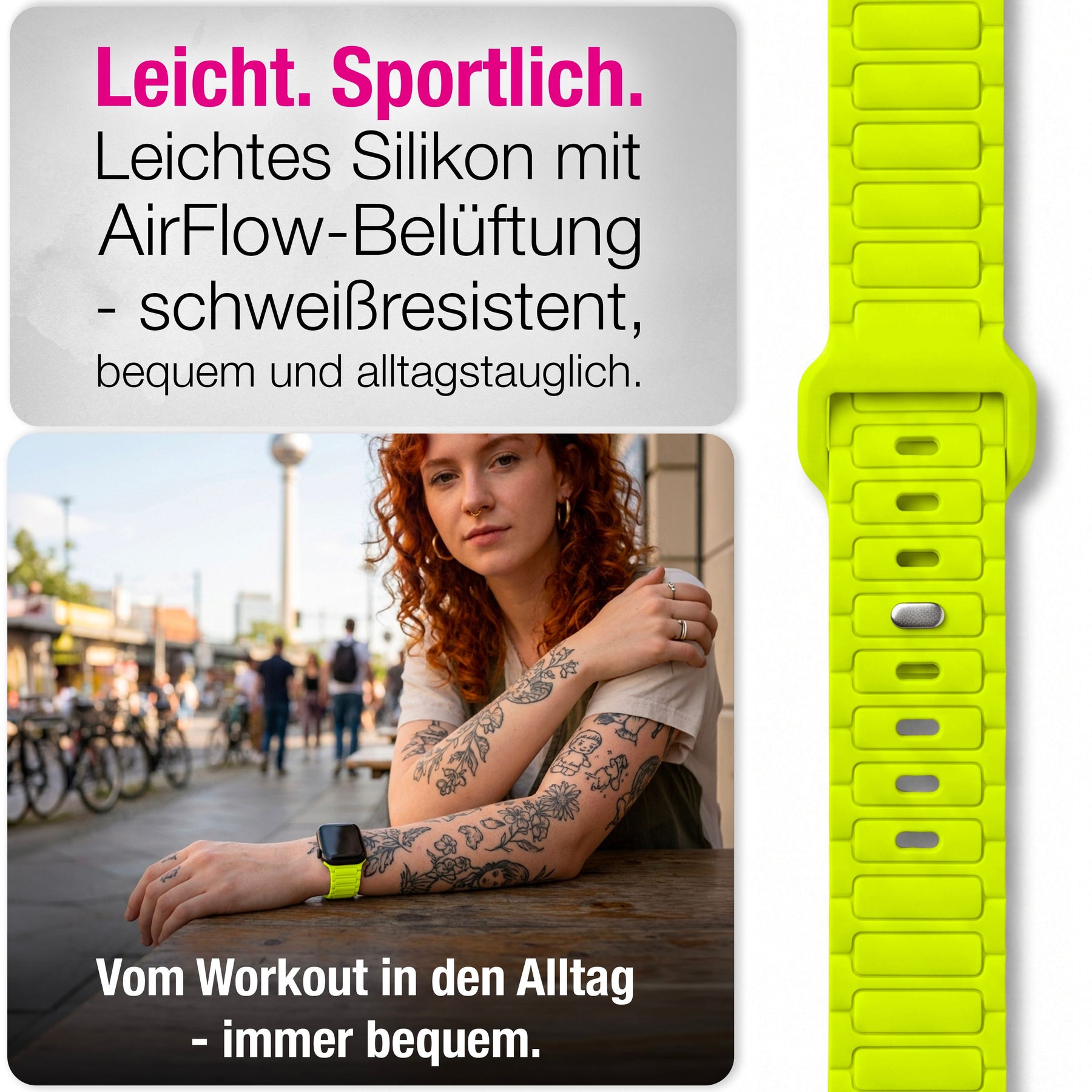 NALIA Pulse Silikon Armband kompatibel mit Apple Watch Armband iWatch Series SE/10/9/8/7/6/5/4/3/2/1, 38/40/41/42mm, 3D Textur Sportarmband mit Steck-Pin Verschluss Neon Gelb NALIA Silikon Armband