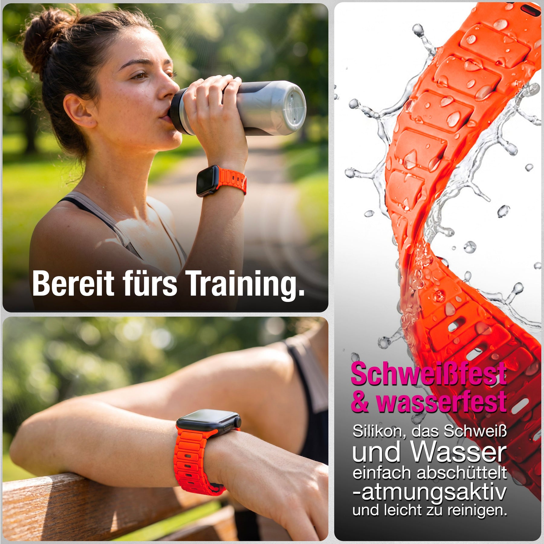NALIA Pulse Silikon Armband kompatibel mit Apple Watch Armband iWatch Series SE/10/9/8/7/6/5/4/3/2/1, 38/40/41/42mm, 3D Textur Sportarmband mit Steck-Pin Verschluss Neon Orange NALIA Silikon Armband