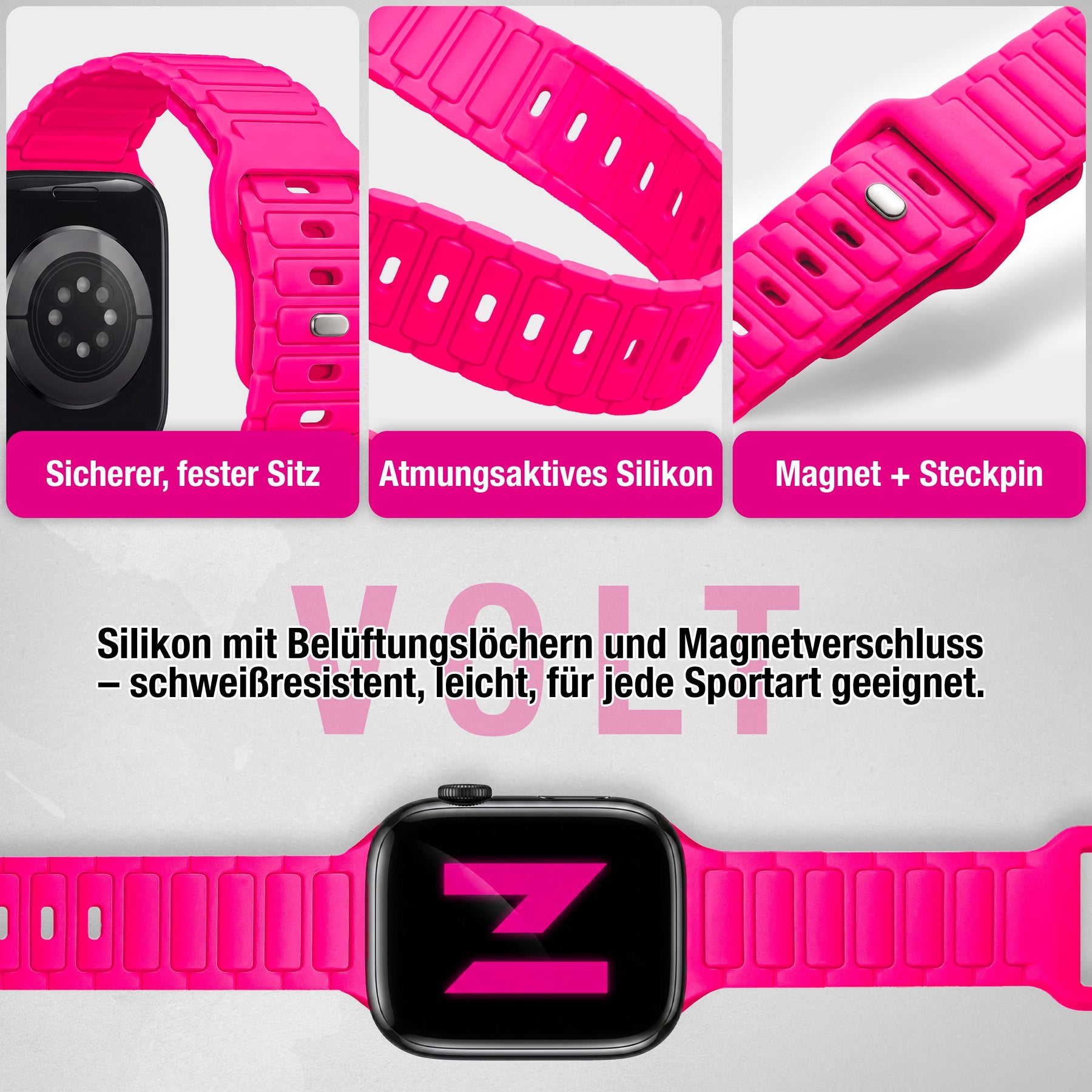 NALIA Pulse Silikon Armband kompatibel mit Apple Watch Armband iWatch Series SE/10/9/8/7/6/5/4/3/2/1, 38/40/41/42mm, 3D Textur Sportarmband mit Steck-Pin Verschluss Neon Pink NALIA Silikon Armband