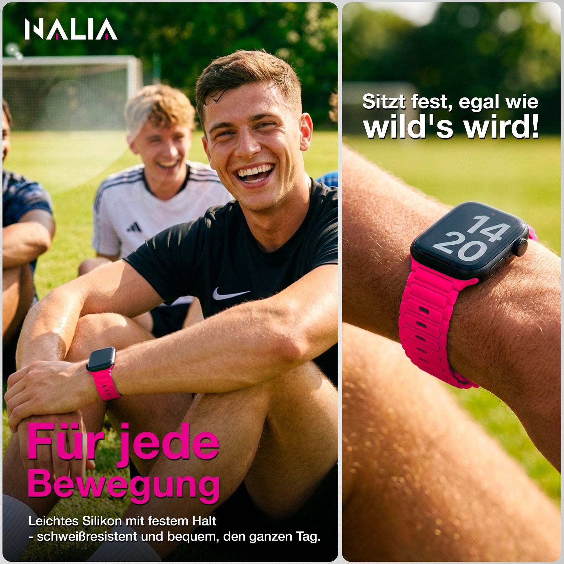 NALIA Pulse Silikon Armband kompatibel mit Apple Watch Armband iWatch Series SE/10/9/8/7/6/5/4/3/2/1, 38/40/41/42mm, 3D Textur Sportarmband mit Steck-Pin Verschluss Neon Pink NALIA Silikon Armband