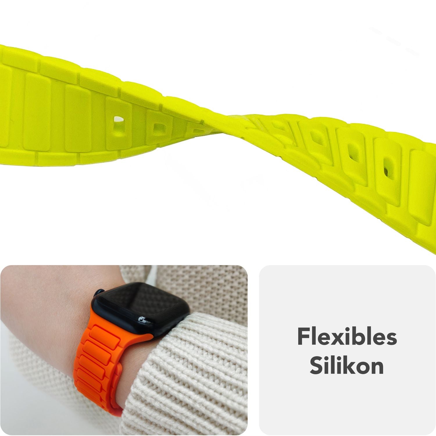 NALIA Pulse Armband für Apple Watch Series Ultra/SE/10/9/8/7/6/5/4/3/2/1, Gehäusegröße 42/44/45/46/49mm, 3D Textur Silikon Sportarmband mit Steck-Pin Verschluss Neon Gelb NALIA Silikon Armband