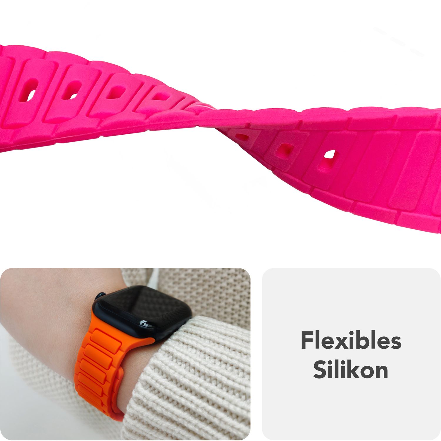 NALIA Pulse Armband für Apple Watch Series Ultra/SE/10/9/8/7/6/5/4/3/2/1, Gehäusegröße 42/44/45/46/49mm, 3D Textur Silikon Sportarmband mit Steck-Pin Verschluss Neon Pink NALIA Silikon Armband