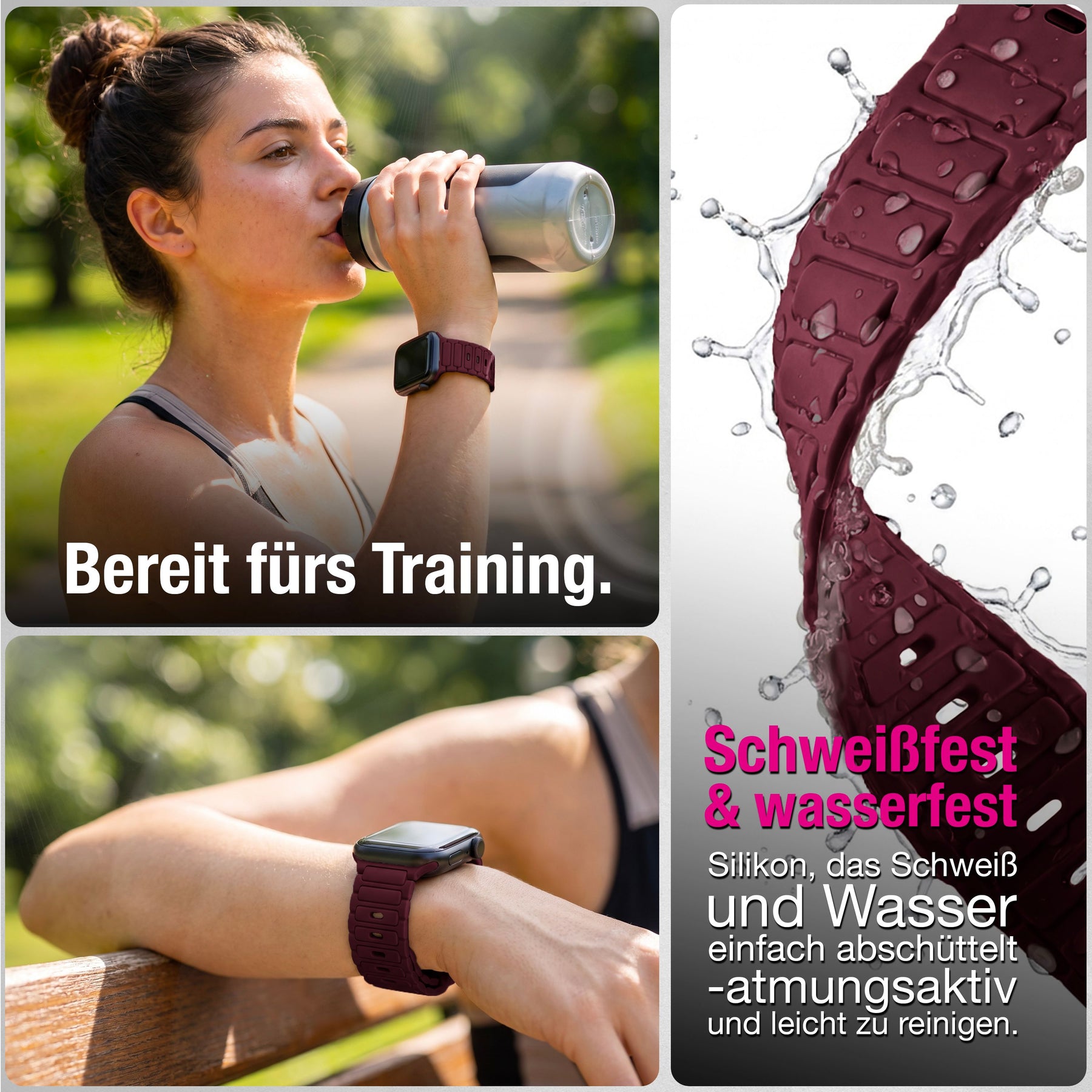 NALIA Pulse Silikon Armband kompatibel mit Apple Watch Armband iWatch Series Ultra/SE 10 9 8 7 6 5 4 3 2 1, 42/44/45/46/49mm, 3D Sportarmband mit Steck-Pin Verschluss Bordeauxrot NALIA Silikon Armband