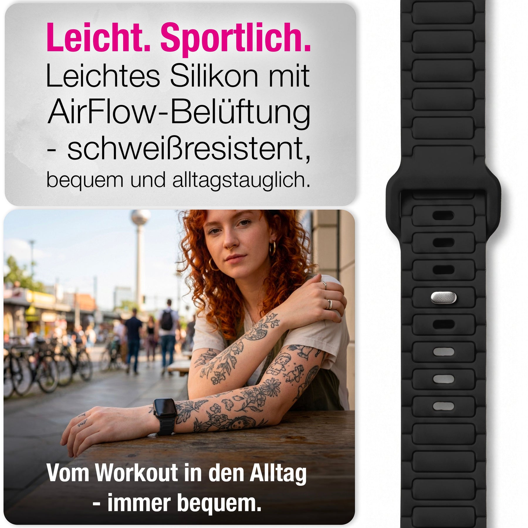 NALIA Pulse Silikon Armband kompatibel mit Apple Watch Armband iWatch Series Ultra/SE 10 9 8 7 6 5 4 3 2 1, 42/44/45/46/49mm, 3D Sportarmband mit Steck-Pin Verschluss Nachtschwarz NALIA Silikon Armband