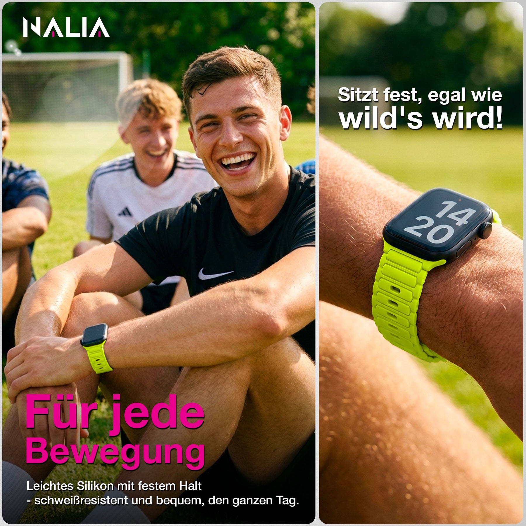 NALIA Pulse Silikon Armband kompatibel mit Apple Watch Armband iWatch Series Ultra/SE 10 9 8 7 6 5 4 3 2 1, 42/44/45/46/49mm, 3D Sportarmband mit Steck-Pin Verschluss Neon Gelb NALIA Silikon Armband