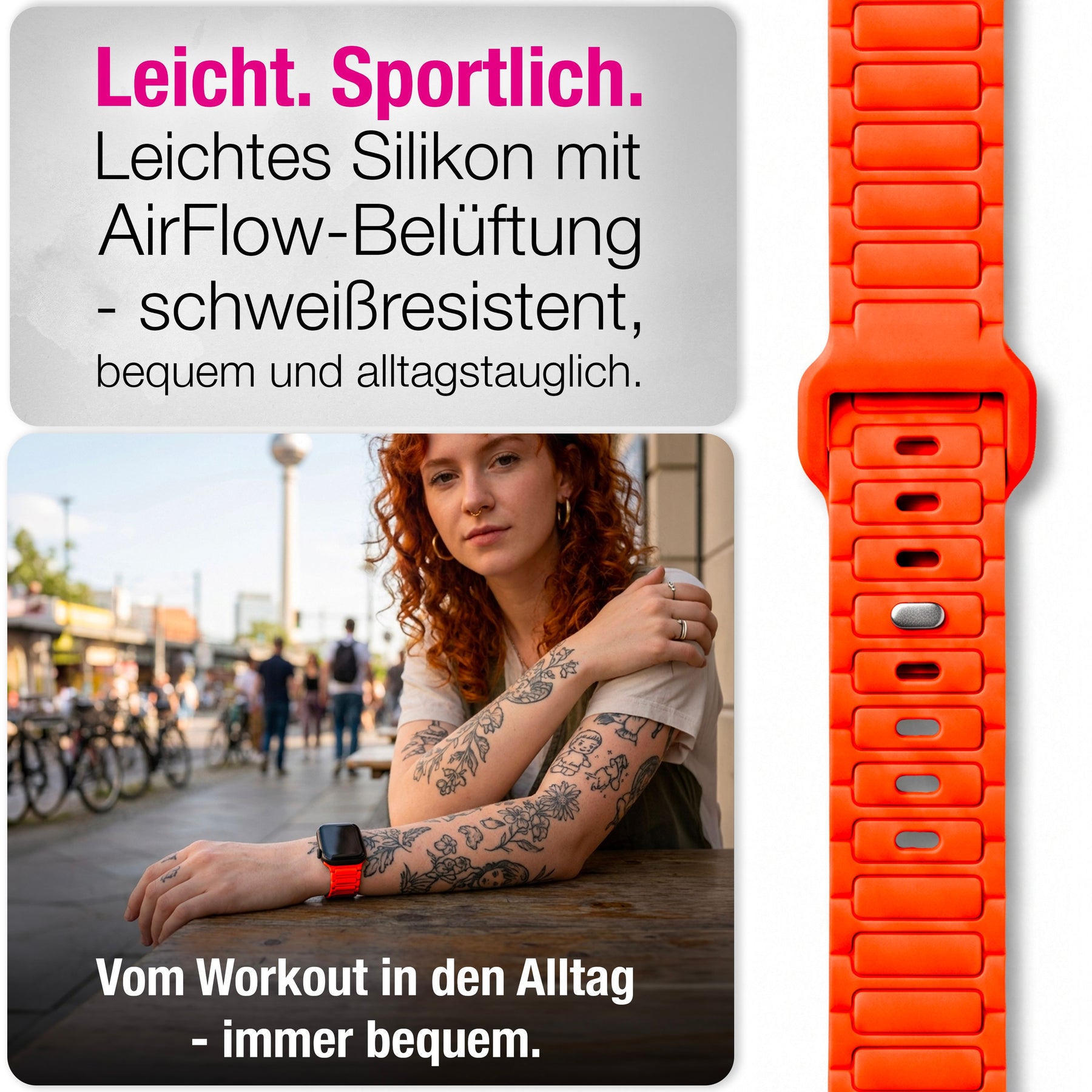 NALIA Pulse Silikon Armband kompatibel mit Apple Watch Armband iWatch Series Ultra/SE 10 9 8 7 6 5 4 3 2 1, 42/44/45/46/49mm, 3D Sportarmband mit Steck-Pin Verschluss Neon Orange NALIA Silikon Armband