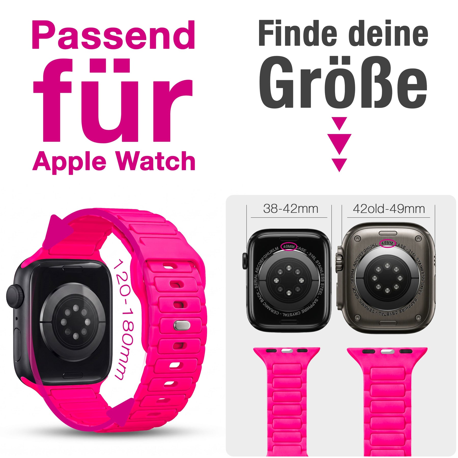 NALIA Pulse Silikon Armband kompatibel mit Apple Watch Armband iWatch Series Ultra/SE 10 9 8 7 6 5 4 3 2 1, 42/44/45/46/49mm, 3D Sportarmband mit Steck-Pin Verschluss Neon Pink NALIA Silikon Armband