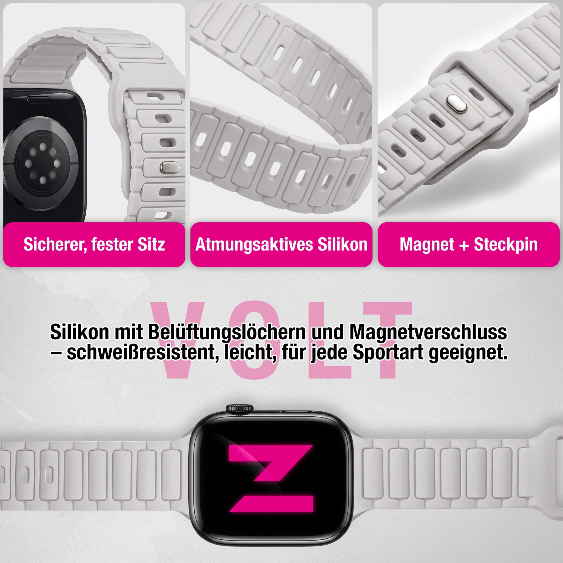 NALIA Pulse Silikon Armband kompatibel mit Apple Watch Armband iWatch Series Ultra/SE 10 9 8 7 6 5 4 3 2 1, 42/44/45/46/49mm, 3D Sportarmband mit Steck-Pin Verschluss Polarstern Sandweiss NALIA Silikon Armband
