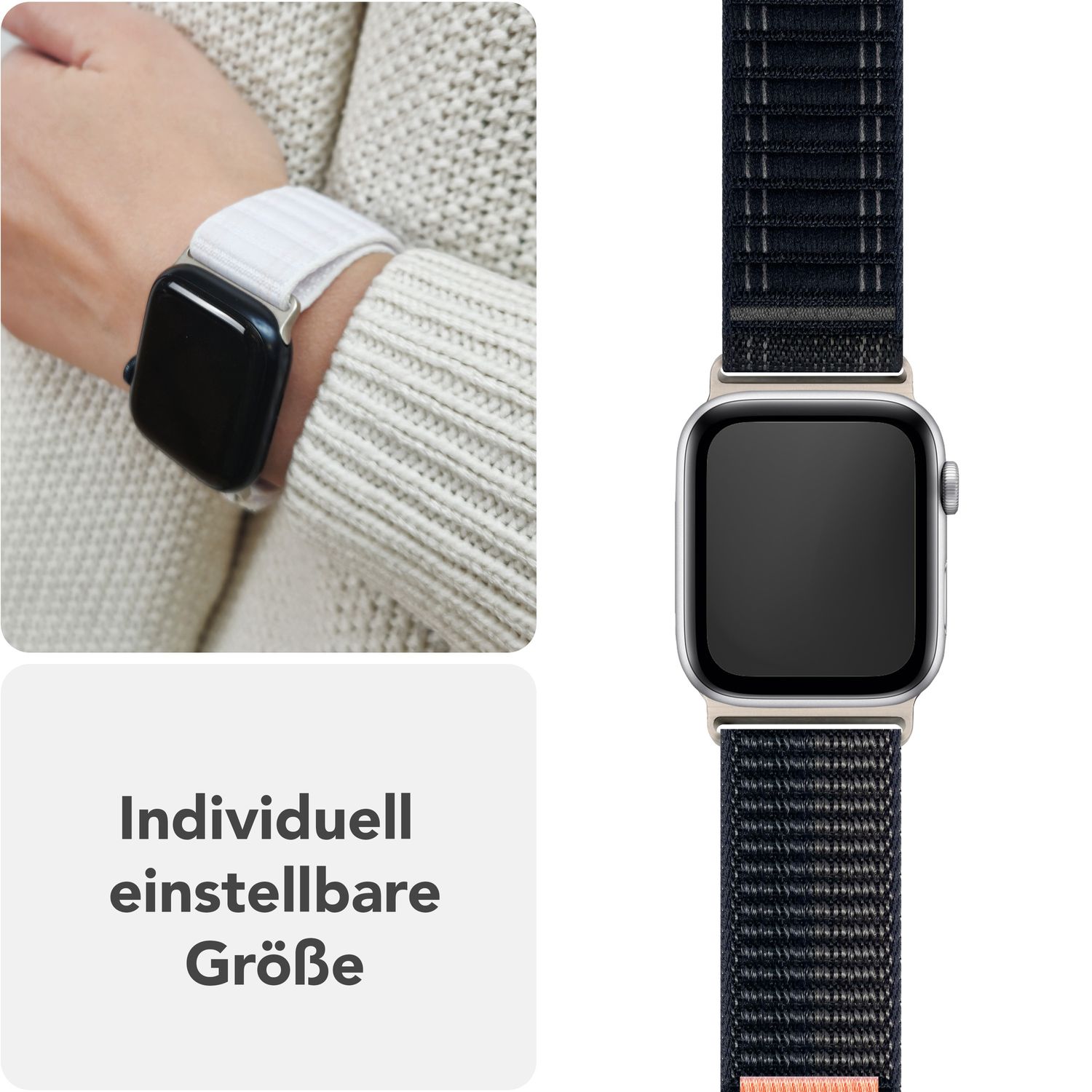 NALIA Evolv Armband für Apple Watch SE/10/9/8/7/6/5/4/3/2/1, Gehäusegröße 38/40/41/42mm, Gewebtes Stoffband Elastisches Nylon Uhrenband mit Klettverschluss Nachtschwarz NALIA Nylon Armband